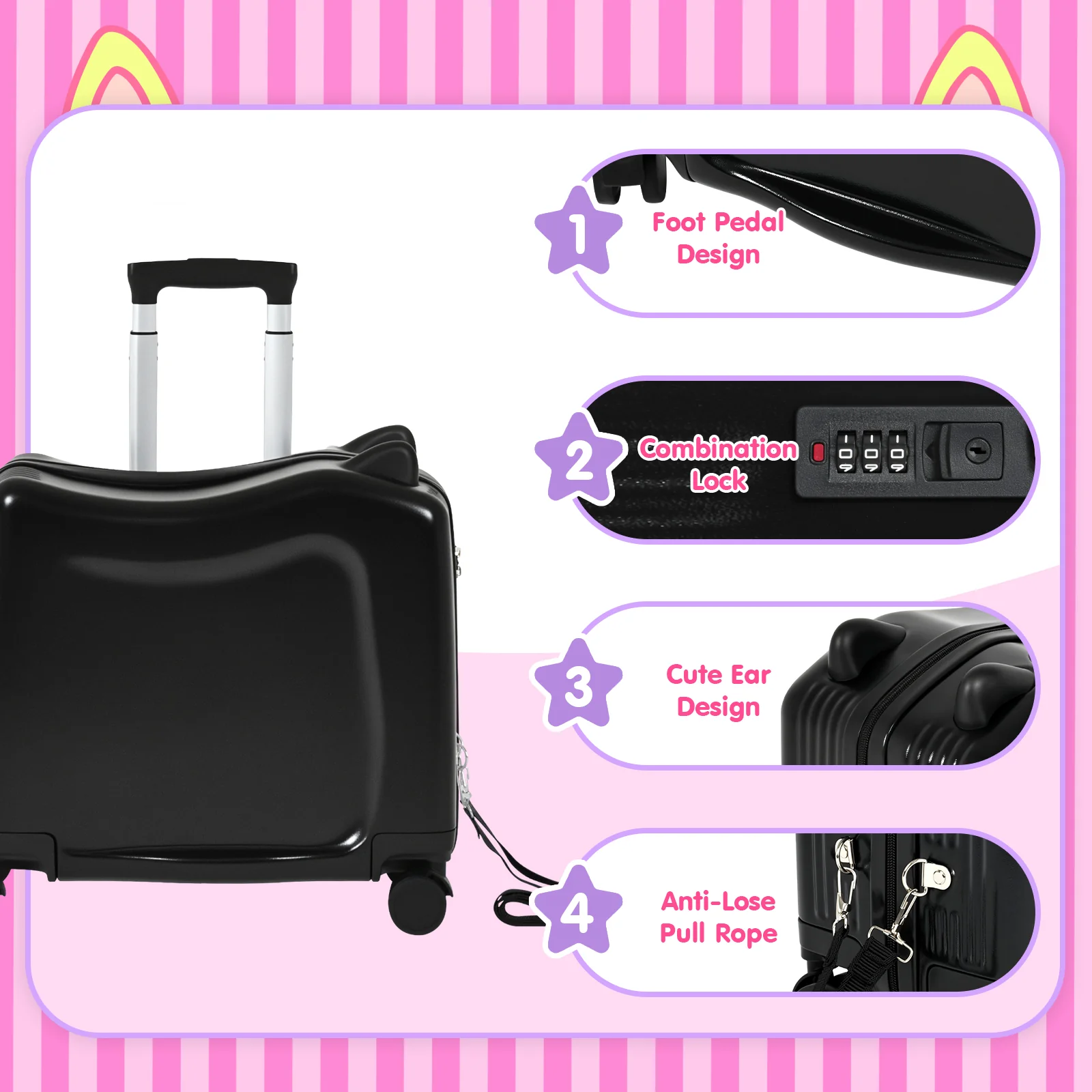 Advwin Kids’ Ride-On Suitcase with Password Lock Black (Low Stock) - Image 2