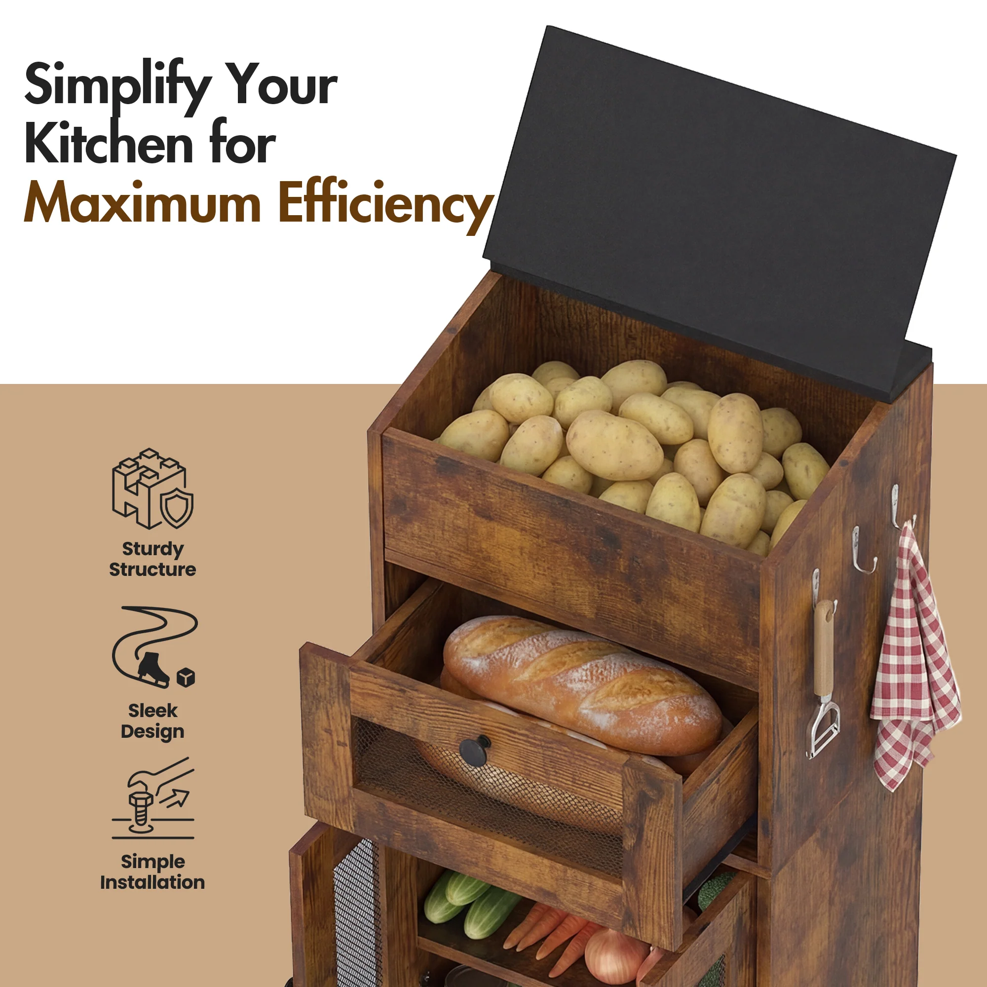 Advwin Multi-Compartment Wooden Fruit & Vegetable Cabinet - Image 2