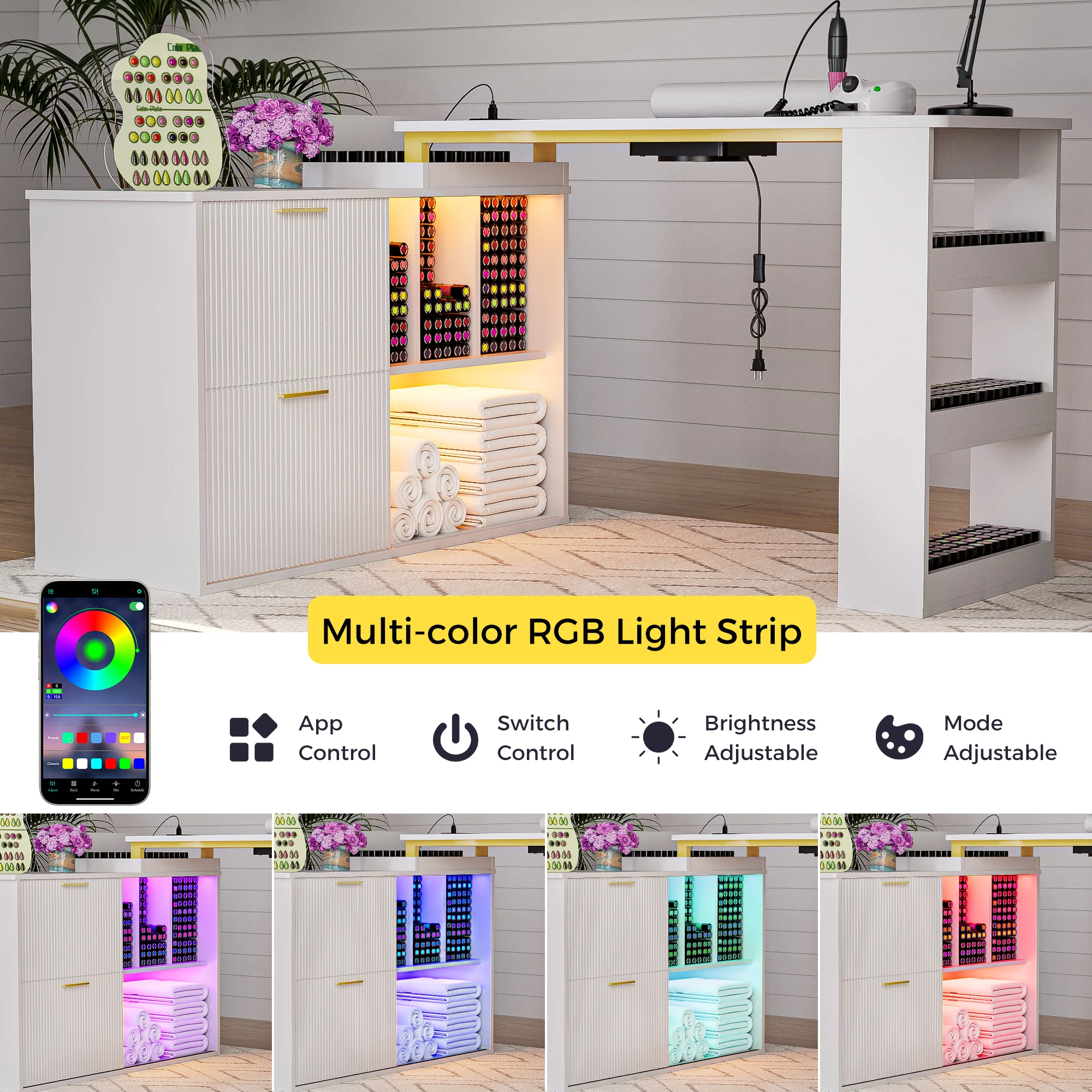 Advwin L-Shaped Manicure Table with LED Light - Image 2