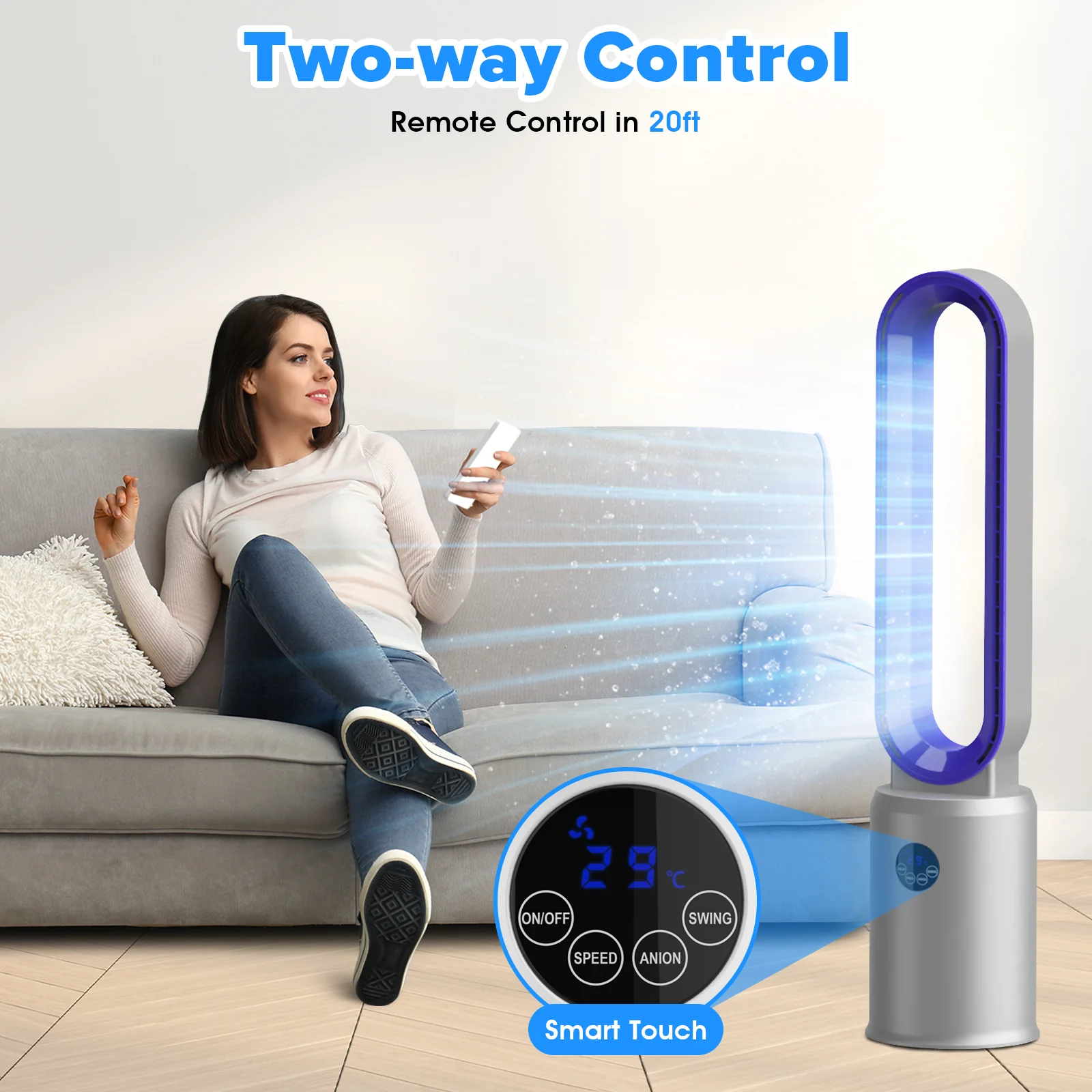 Advwin Bladeless Tower Fan Portable Electric Grey/Purple - Image 3