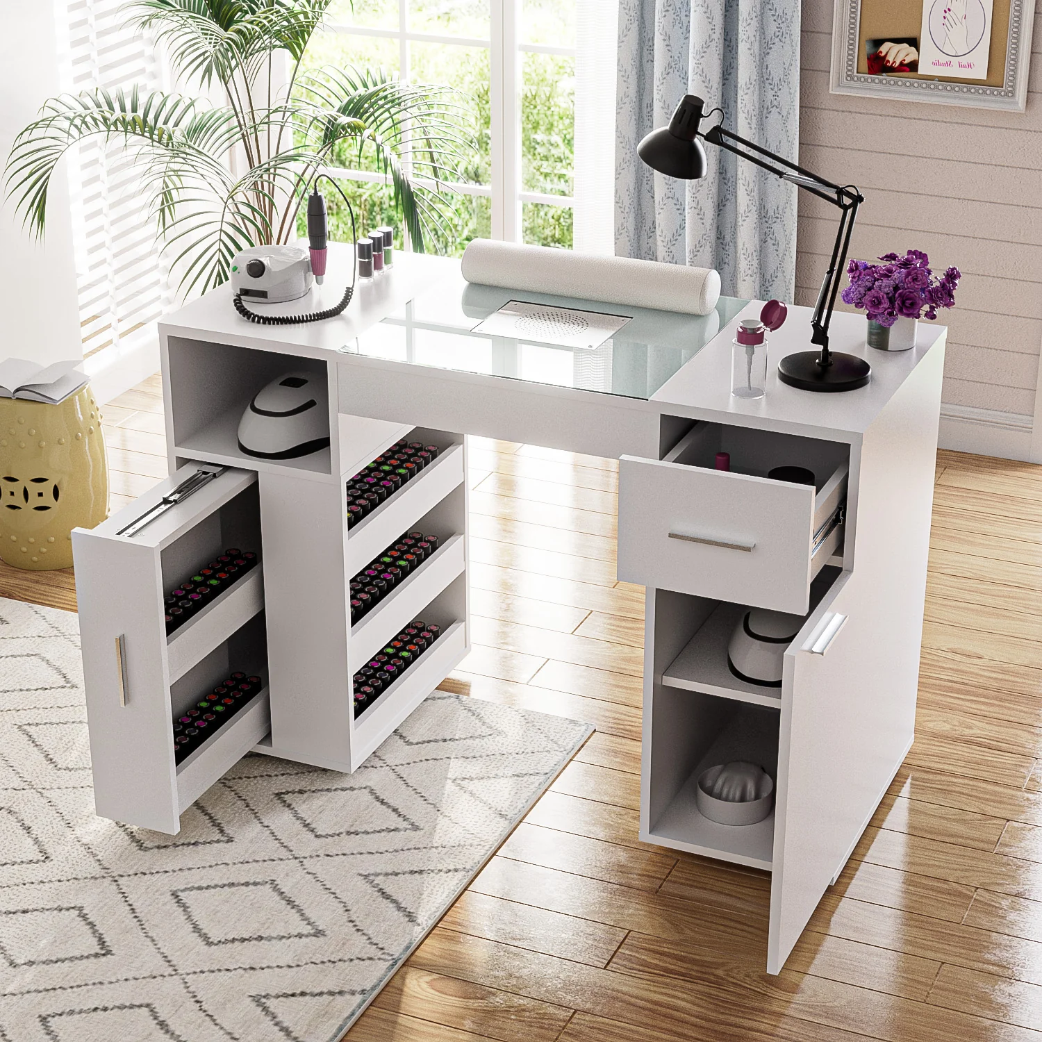 Advwin Nail Desk w/ Acetone-Resistant Glass Table Top - Image 1