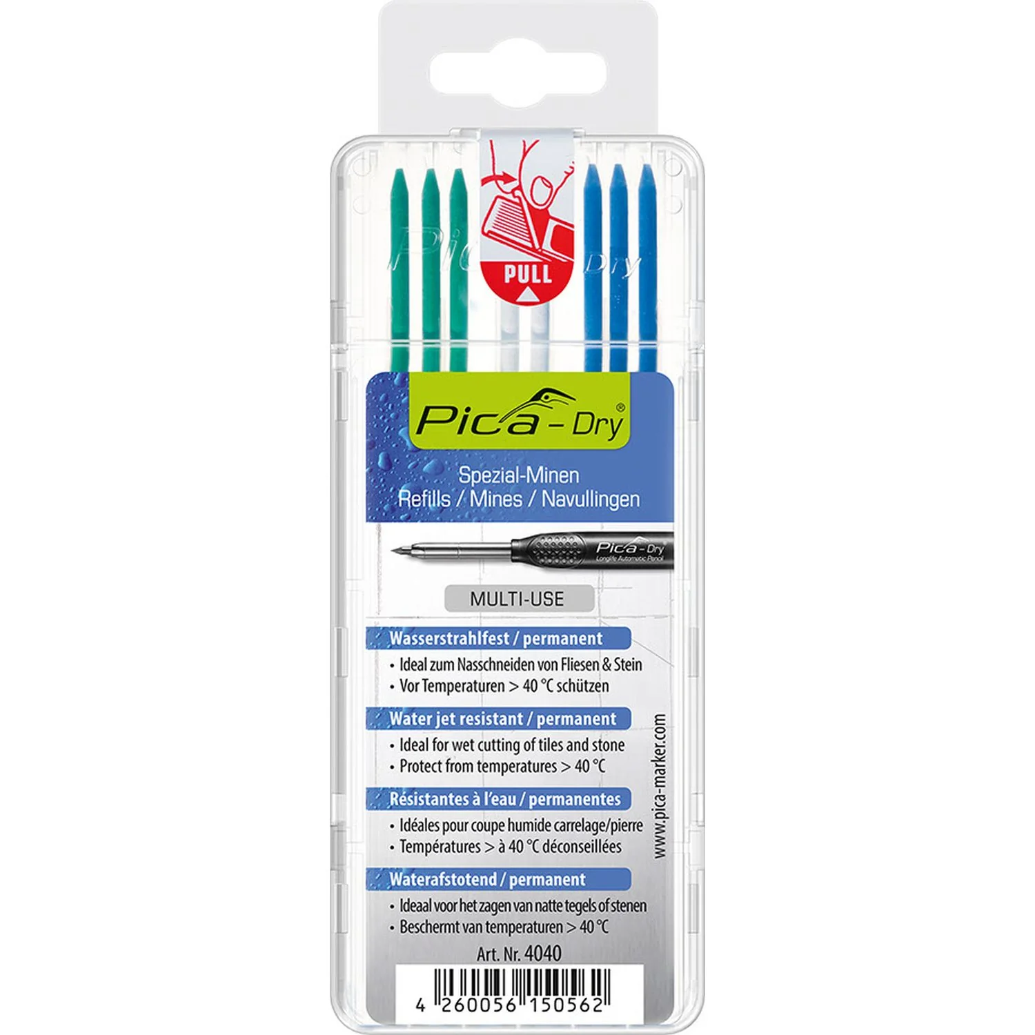 Pica 4040/SB Green, White and Blue Pencil Lead Refills, 8-Pack - Image 1