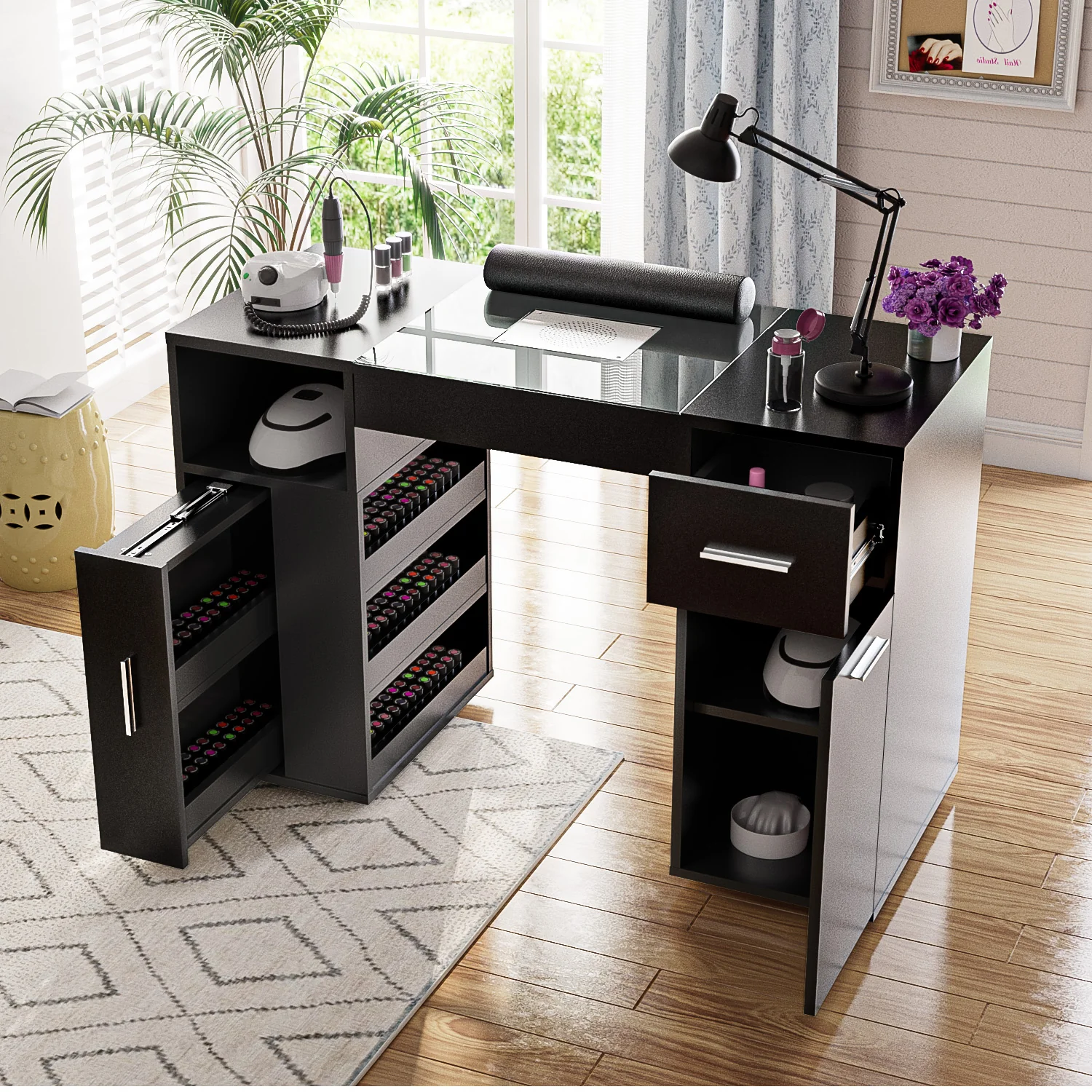 Advwin Nail Desk w/Acetone-Resistant Glass Table Top Black