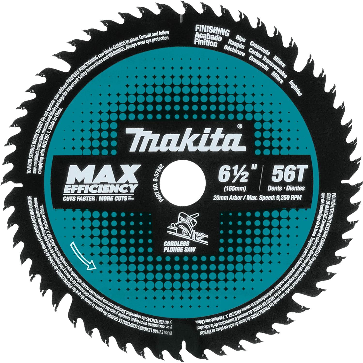 Makita B-57342 6-1/2" 56T Carbide-Tipped Max Efficiency Cordless Plunge Saw Blade - Image 1