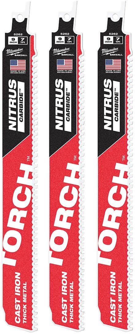 Milwaukee 48-00-5362 TORCH with NITRUS Carbide 9-Inch 7-TPI Recip Saw Blade, 3-Pack (PROMO) - Image 1
