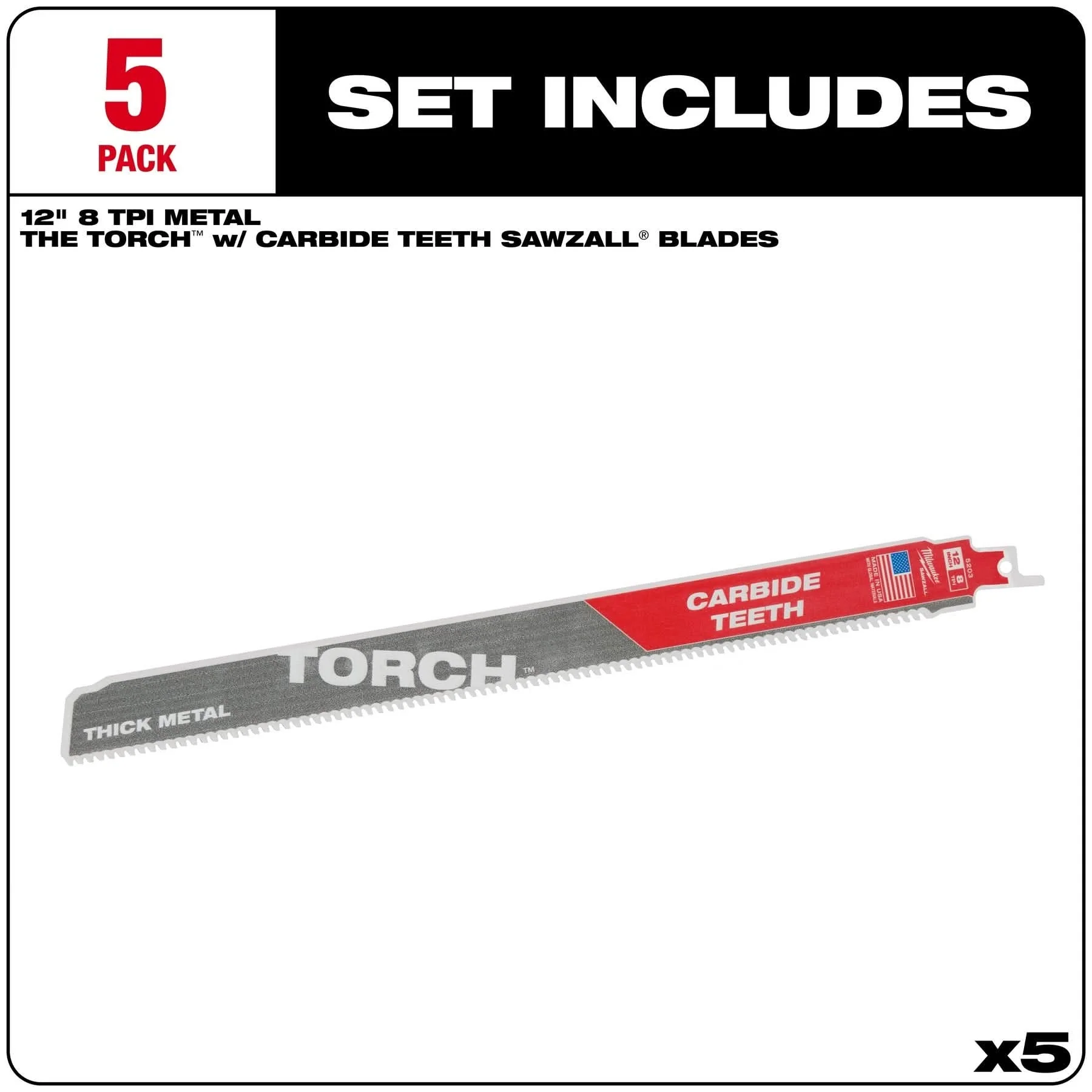 Milwaukee 48-00-5503 12-Inch 7-TPI The TORCH with Carbide Teeth SAWZALL Reciprocating Saw Blade, 5-Pack - Image 2
