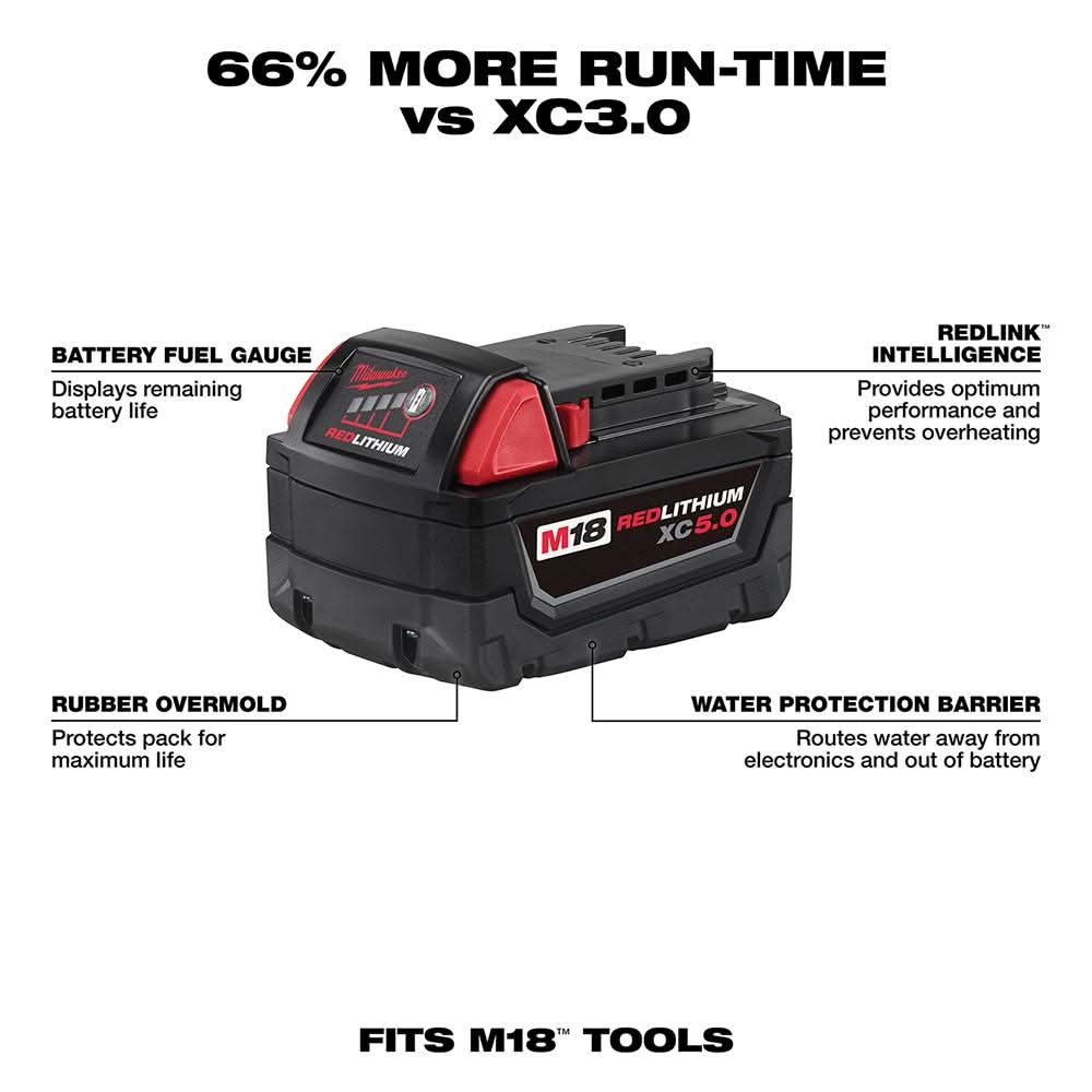 Milwaukee 48-11-1850 M18 REDLITHIUM XC 5.0Ah Extended Capacity Battery Pack - Image 2