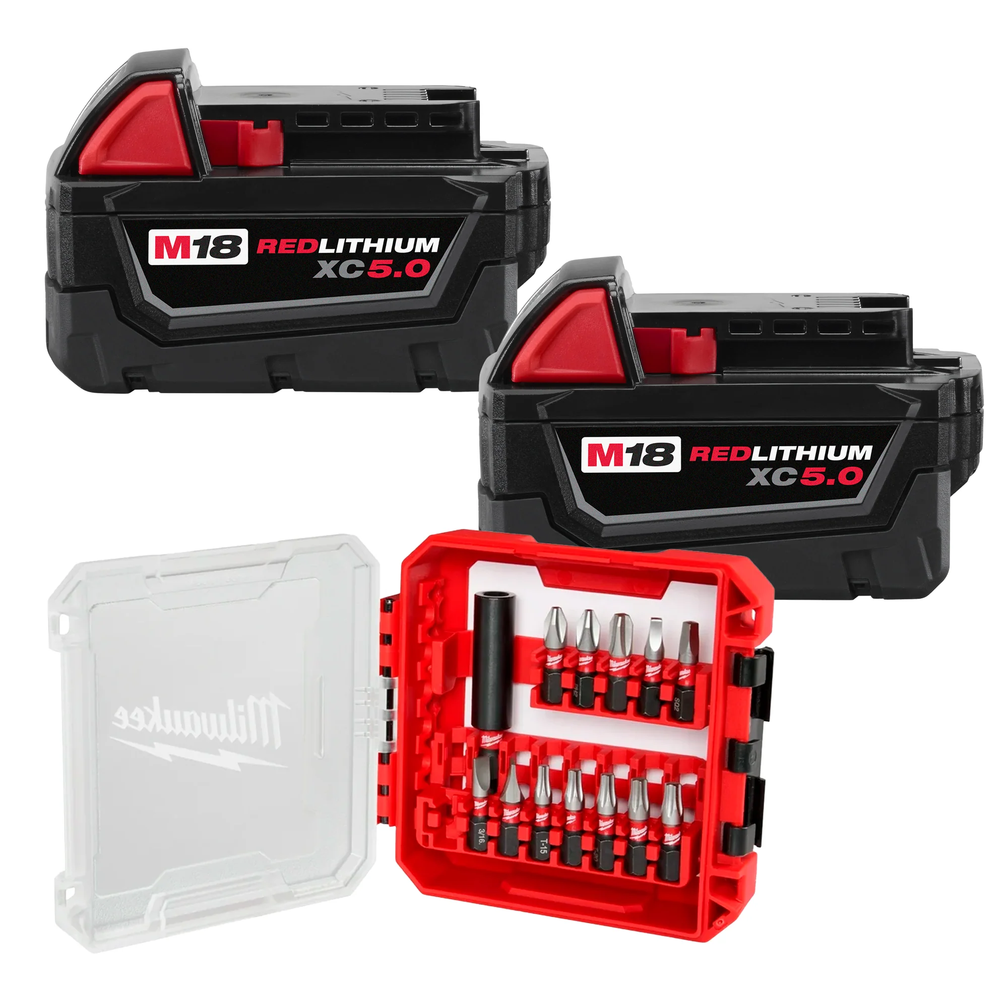 Milwaukee M18 Redlithium XC 5.0Ah Extended Capacity 2-Pack Batteries + 13-Piece Bit Set - Image 1