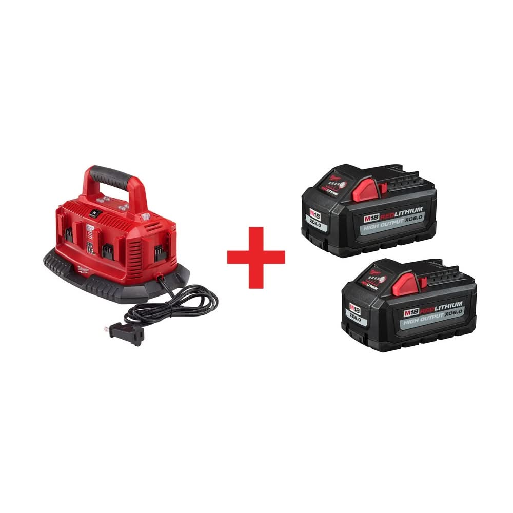 Milwaukee 6 Bay Charger with M18 REDLITHIUM HIGH OUTPUT XC 6.0Ah Battery 2-Pack - Image 1