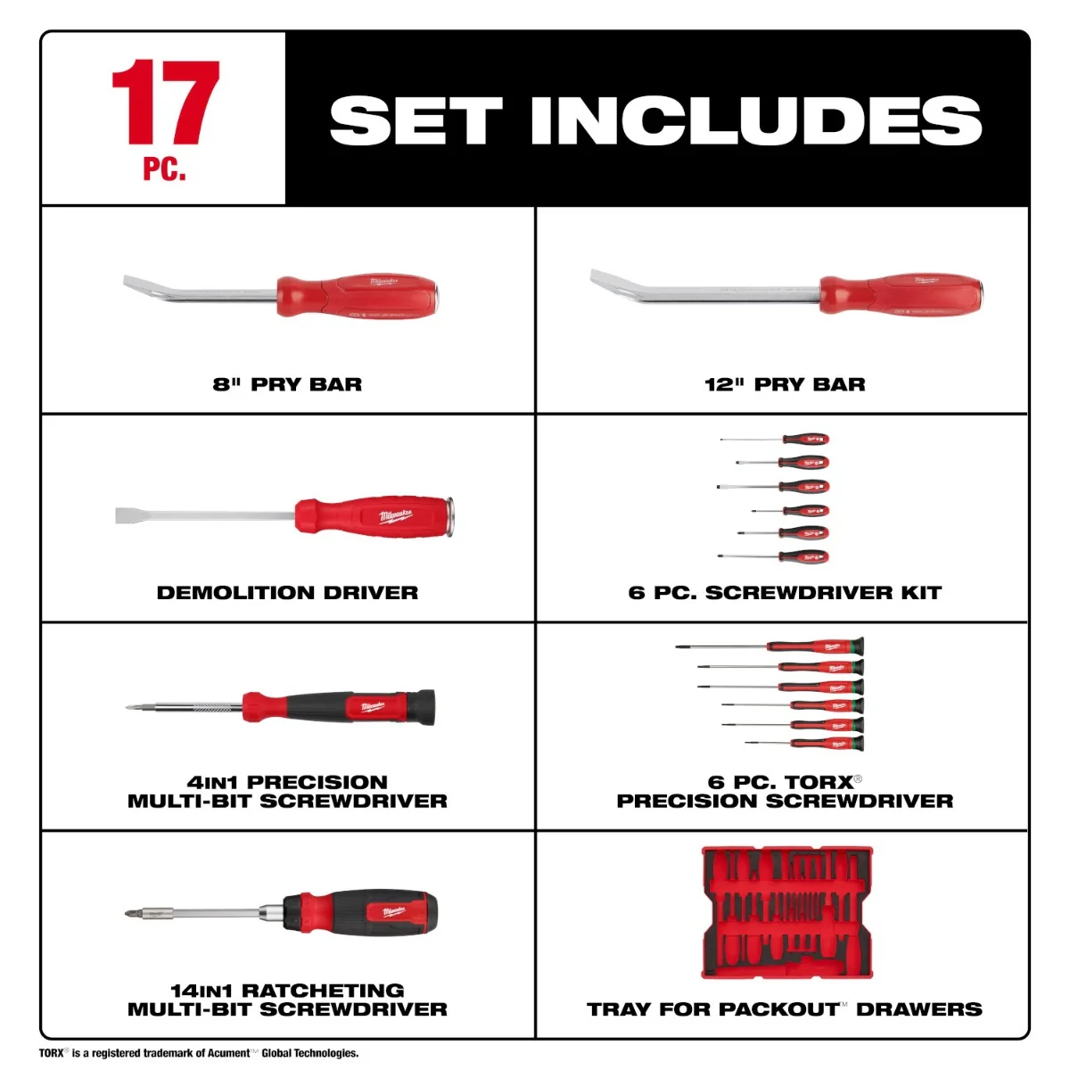 Milwaukee 48-22-0158 17-Piece Screwdriver & Pry Bar Set with Tray for PACKOUT Drawers - Image 3