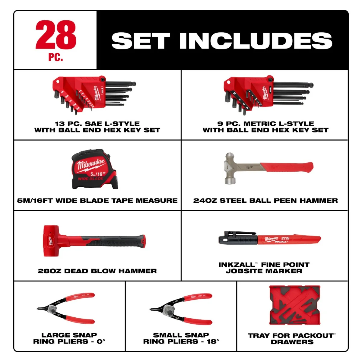 Milwaukee 48-22-0161 28-Piece Hex Key & Hammer Set with Tray for PACKOUT Drawers - Image 3