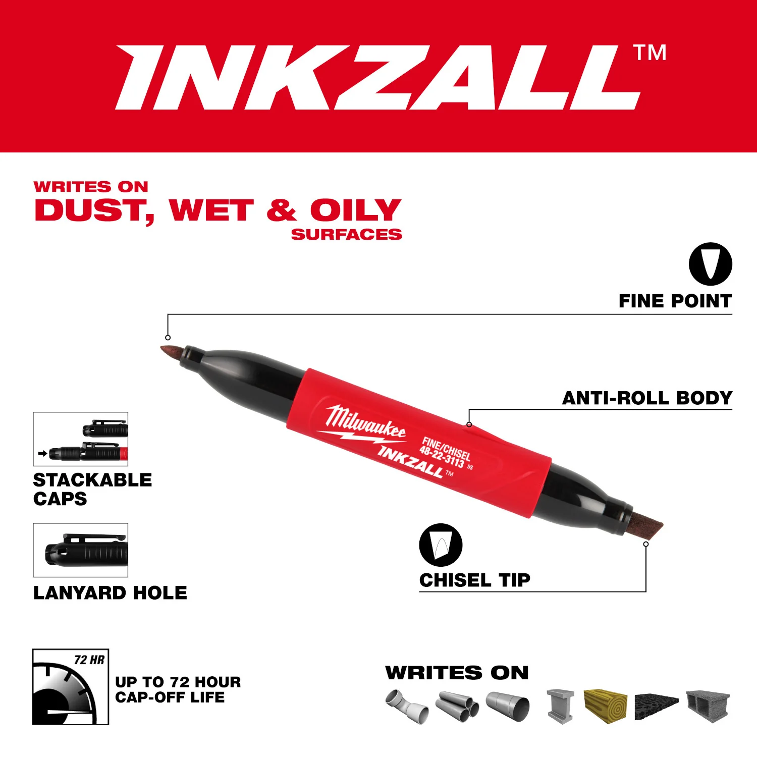 Milwaukee 48-22-3113 INKZALL Double-Sided Black Fine Point & Chisel Tip Jobsite Marker - Image 2