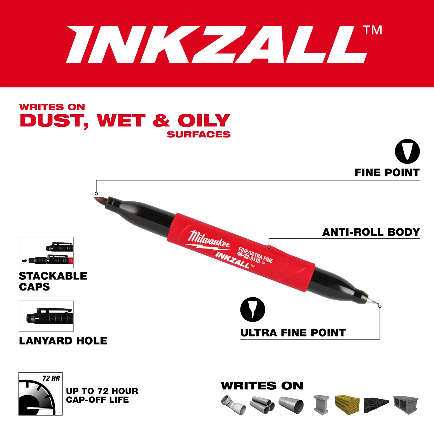Milwaukee 48-22-3115 INKZALL Double-Sided Ultra Fine & Fine Point Black Jobsite Marker - Image 2