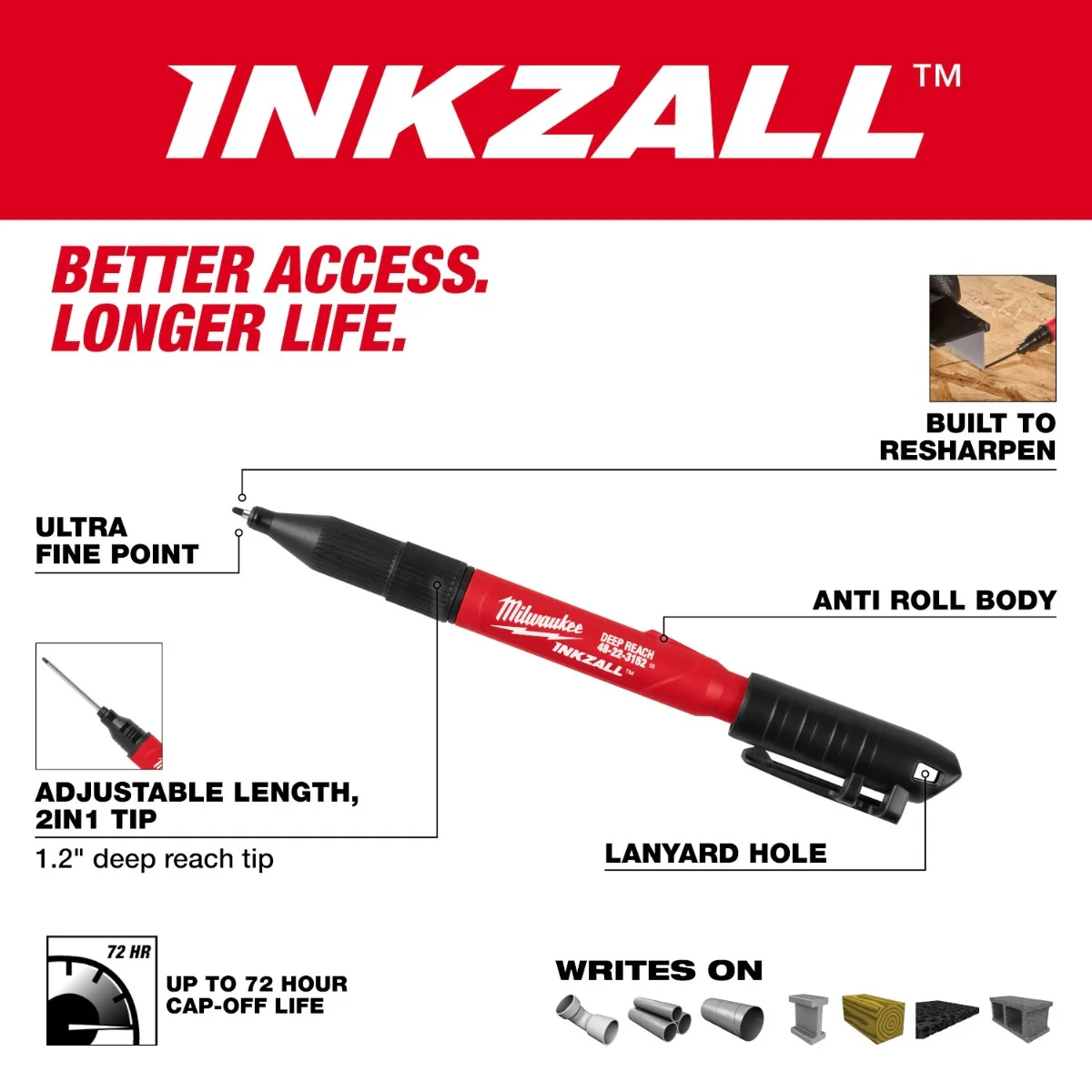 Milwaukee 48-22-3152 INKZALL 2IN1 Deep Reach Ultra Fine Point Black Jobsite Marker - Image 2