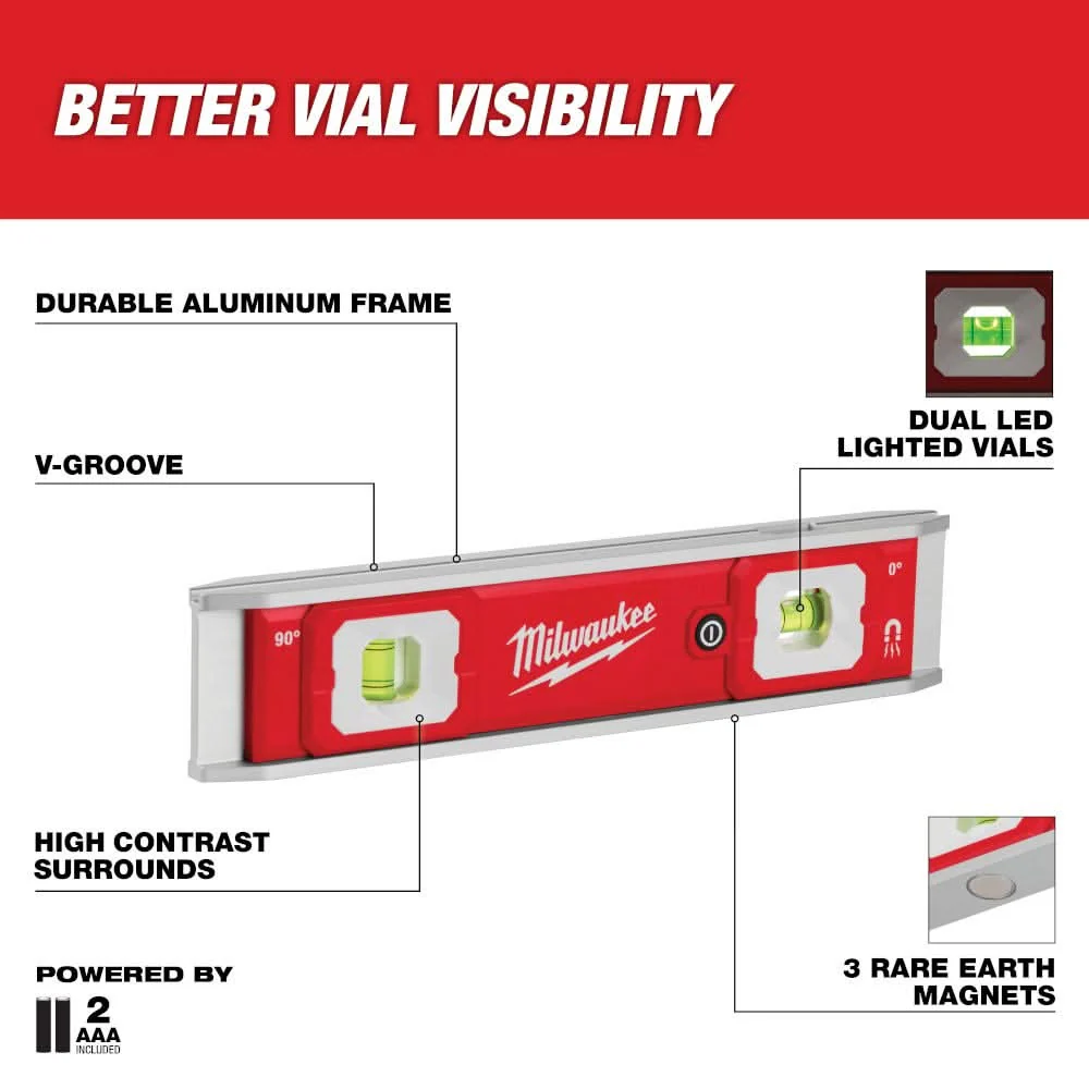 Milwaukee 48-22-5105 9" Torpedo Level with Lighted Vials - Image 2