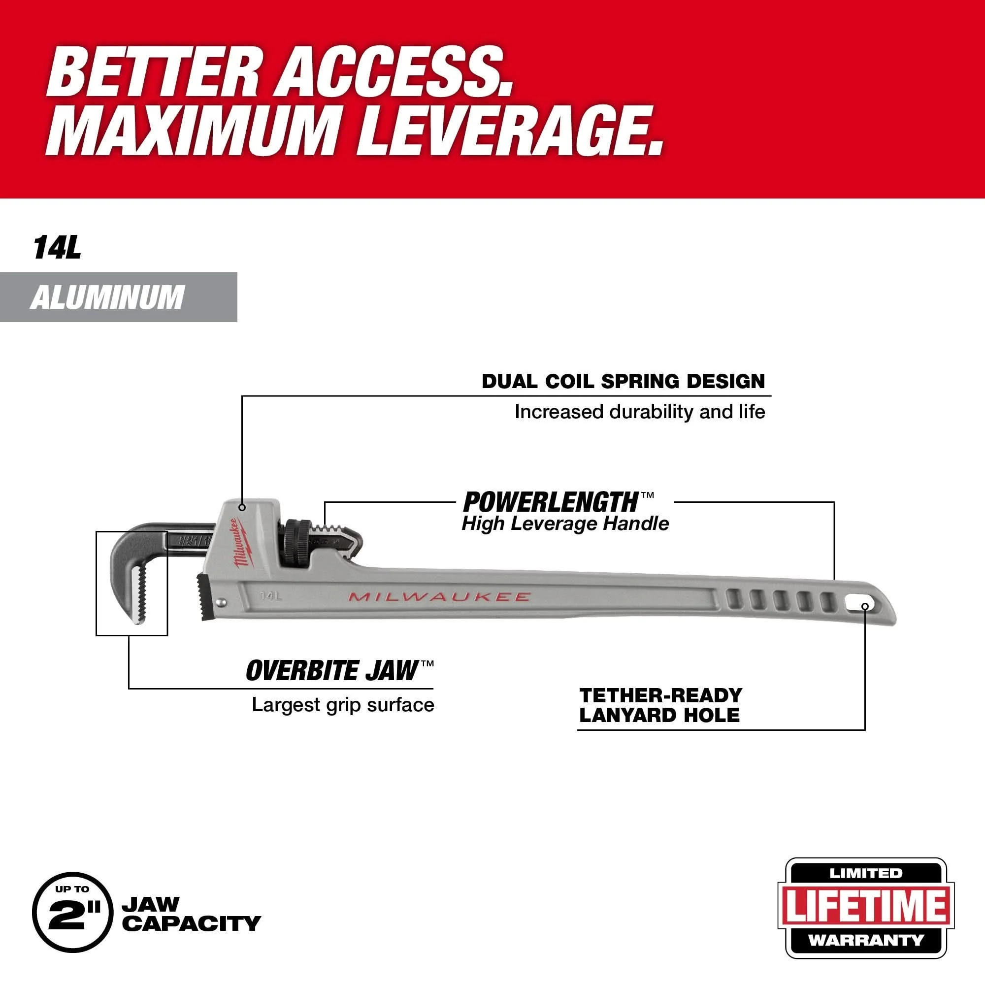 Milwaukee 48-22-7215 14L Aluminum Pipe Wrench with POWERLENGTH Handle - Image 2