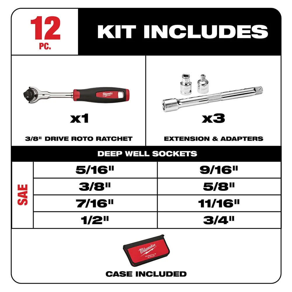Milwaukee 48-22-9000 12-Piece  3/8" Drive Sae Socket Set - Image 2