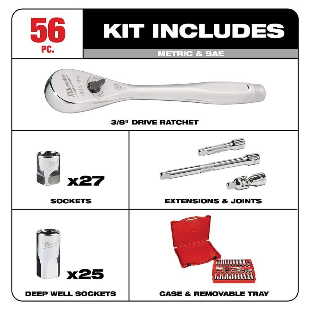 Milwaukee 48-22-9008 3/8" Drive 56-Piece Ratchet & Socket Set, SAE / Metric - Image 2
