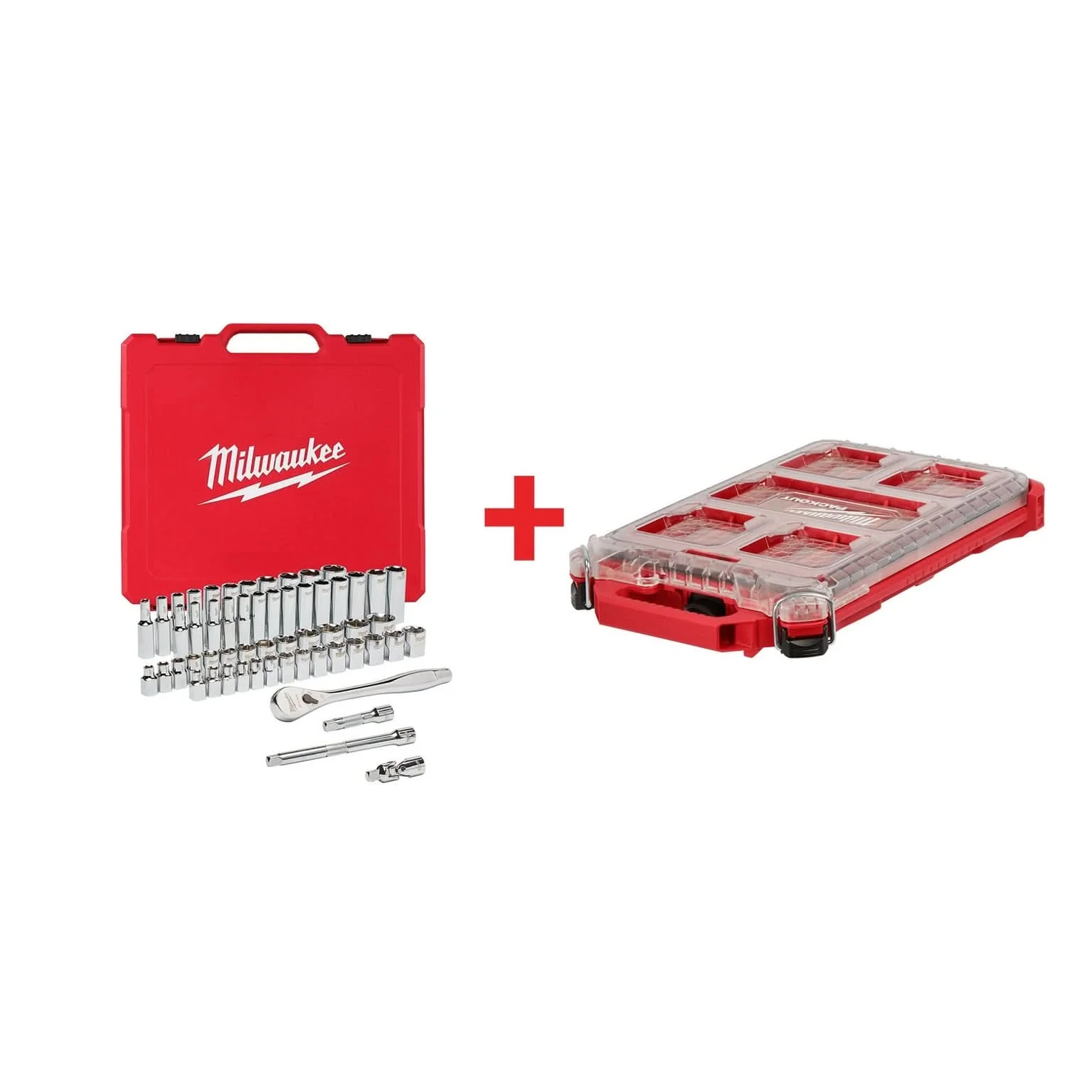 Milwaukee PACKOUT Compact Low-Profile Organizer and 3/8″ Drive 56-Piece Ratchet & Socket Set