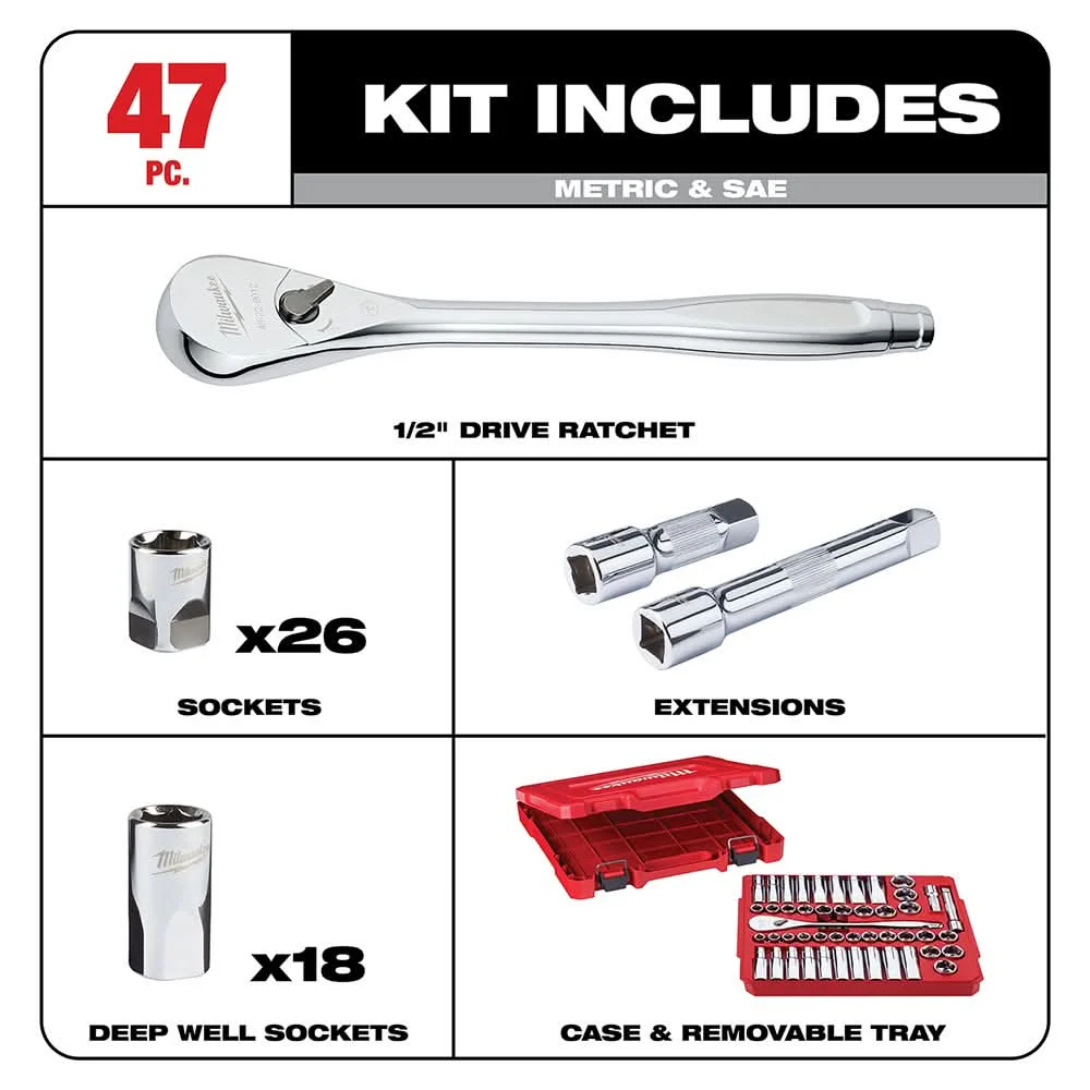 Milwaukee 48-22-9010 1/2" Drive 47-Piece SAE/Metric Ratchet And Socket Set - Image 2