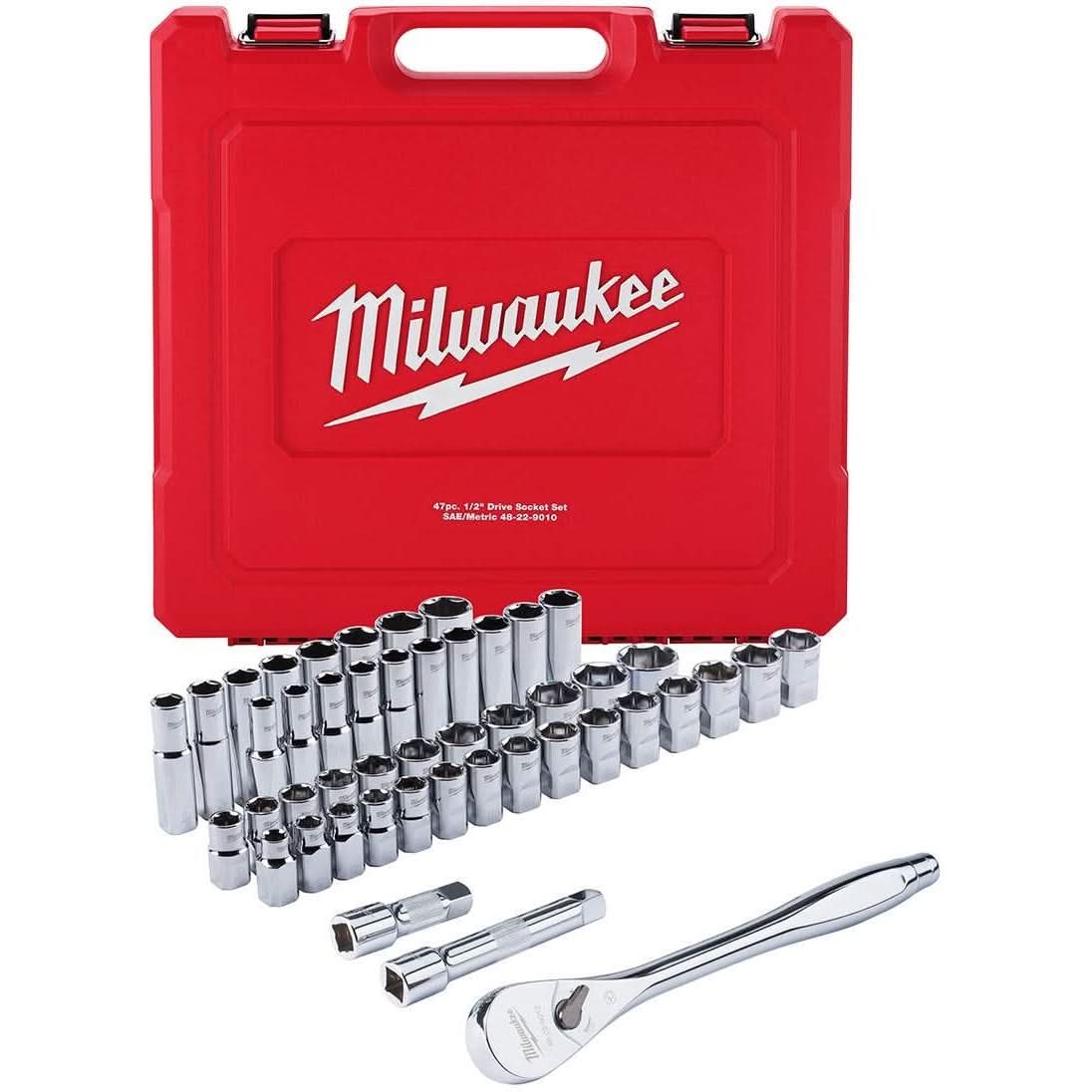 Milwaukee 48-22-9010 1/2" Drive 47-Piece SAE/Metric Ratchet And Socket Set and 3/8" Drive 56-Piece Ratchet & Socket Set - Image 1