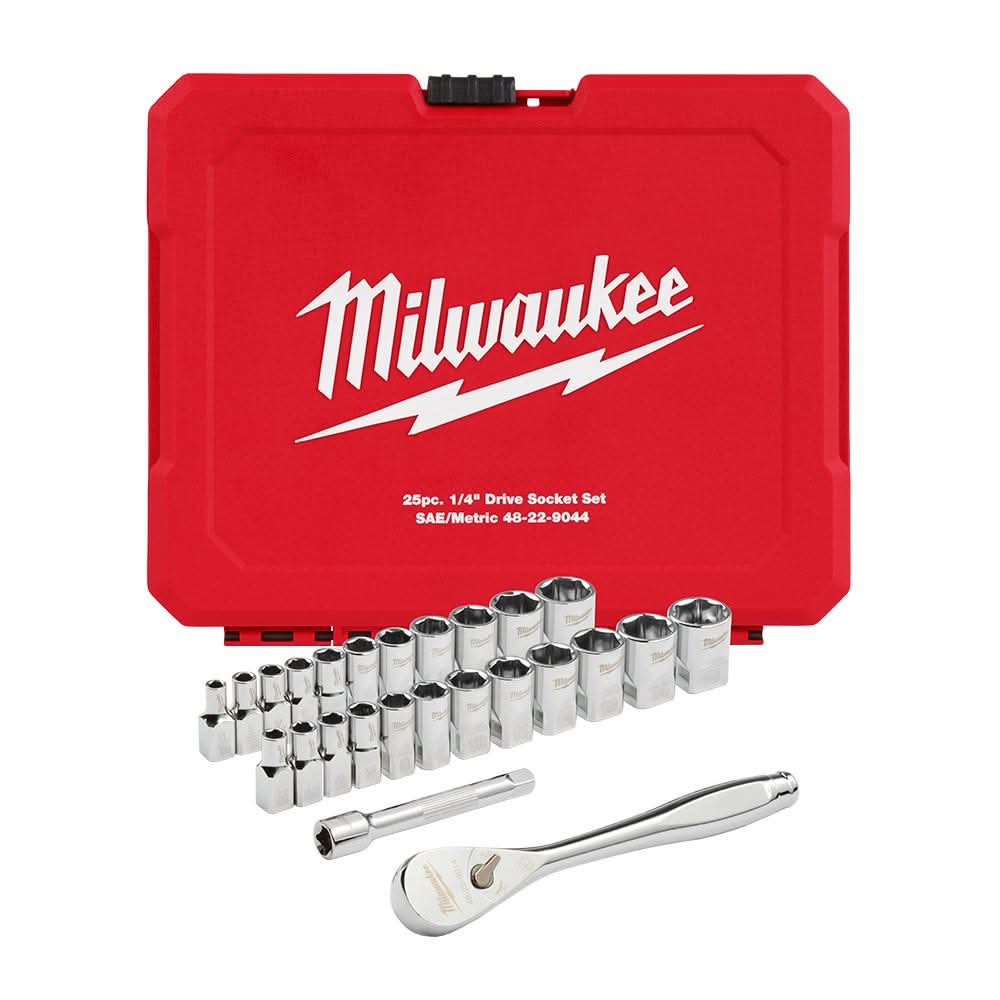 Milwaukee 48-22-9044 25pc 1/4" Drive Metric & SAE Ratchet and Socket Set with Four Flat Sides - Image 1