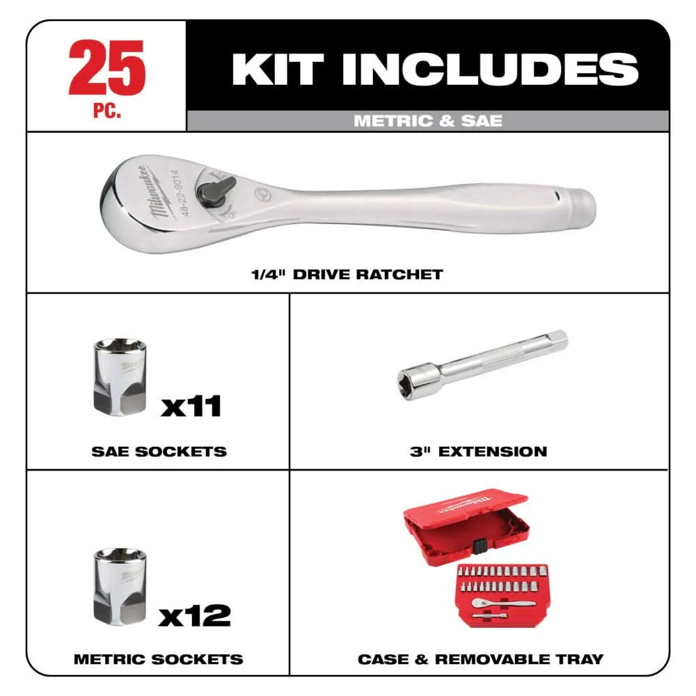 Milwaukee 48-22-9044 25pc 1/4" Drive Metric & SAE Ratchet and Socket Set with Four Flat Sides - Image 2