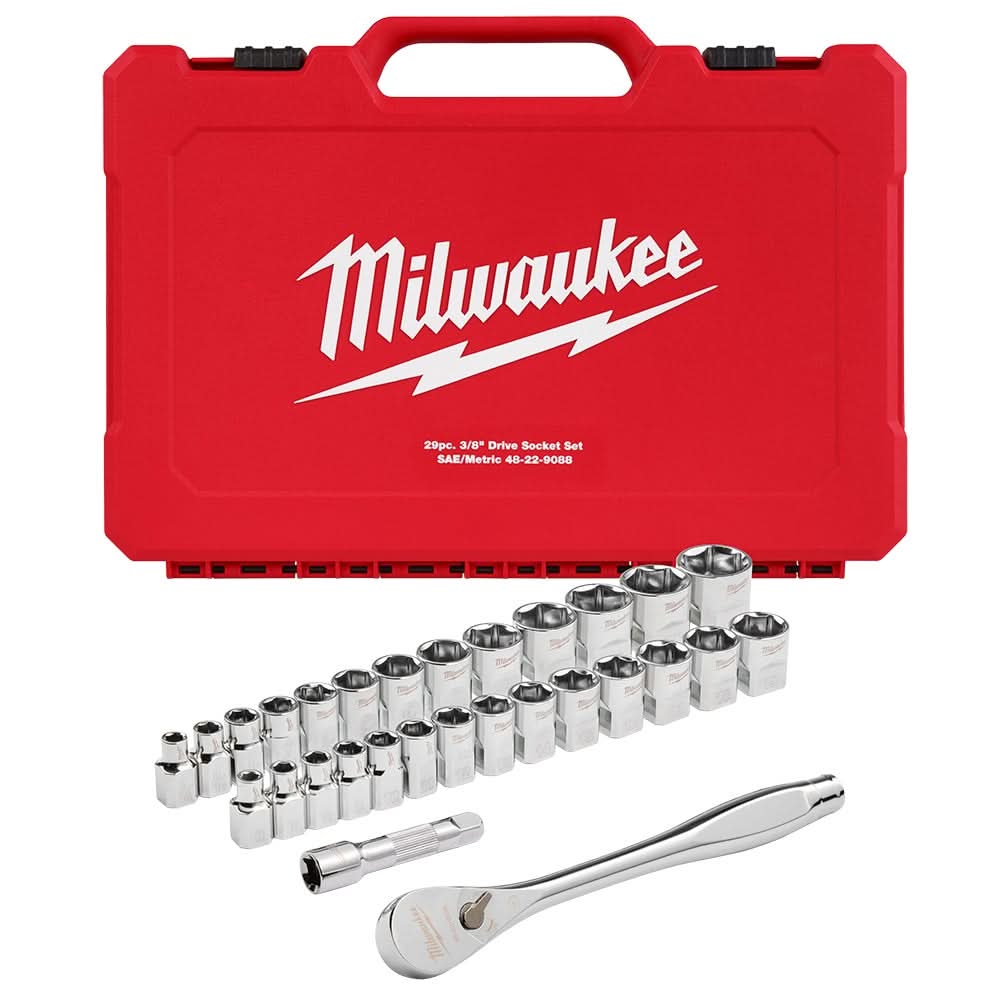 Milwaukee 48-22-9088 29pc 3/8" Drive Metric & SAE Ratchet and Socket Set with Four Flat Sides - Image 1