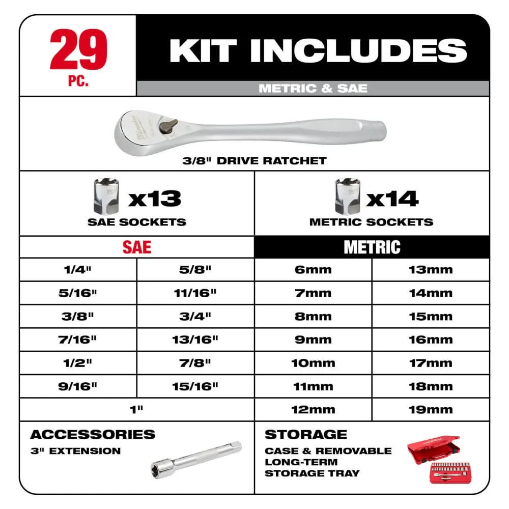 Milwaukee 48-22-9088 29pc 3/8" Drive Metric & SAE Ratchet and Socket Set with Four Flat Sides - Image 3