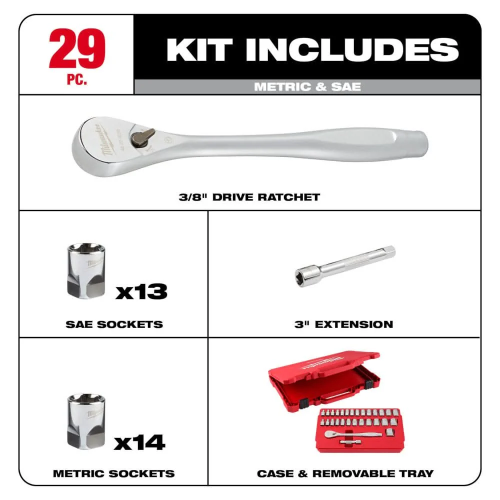 Milwaukee 48-22-9088 29pc 3/8" Drive Metric & SAE Ratchet and Socket Set with Four Flat Sides - Image 2