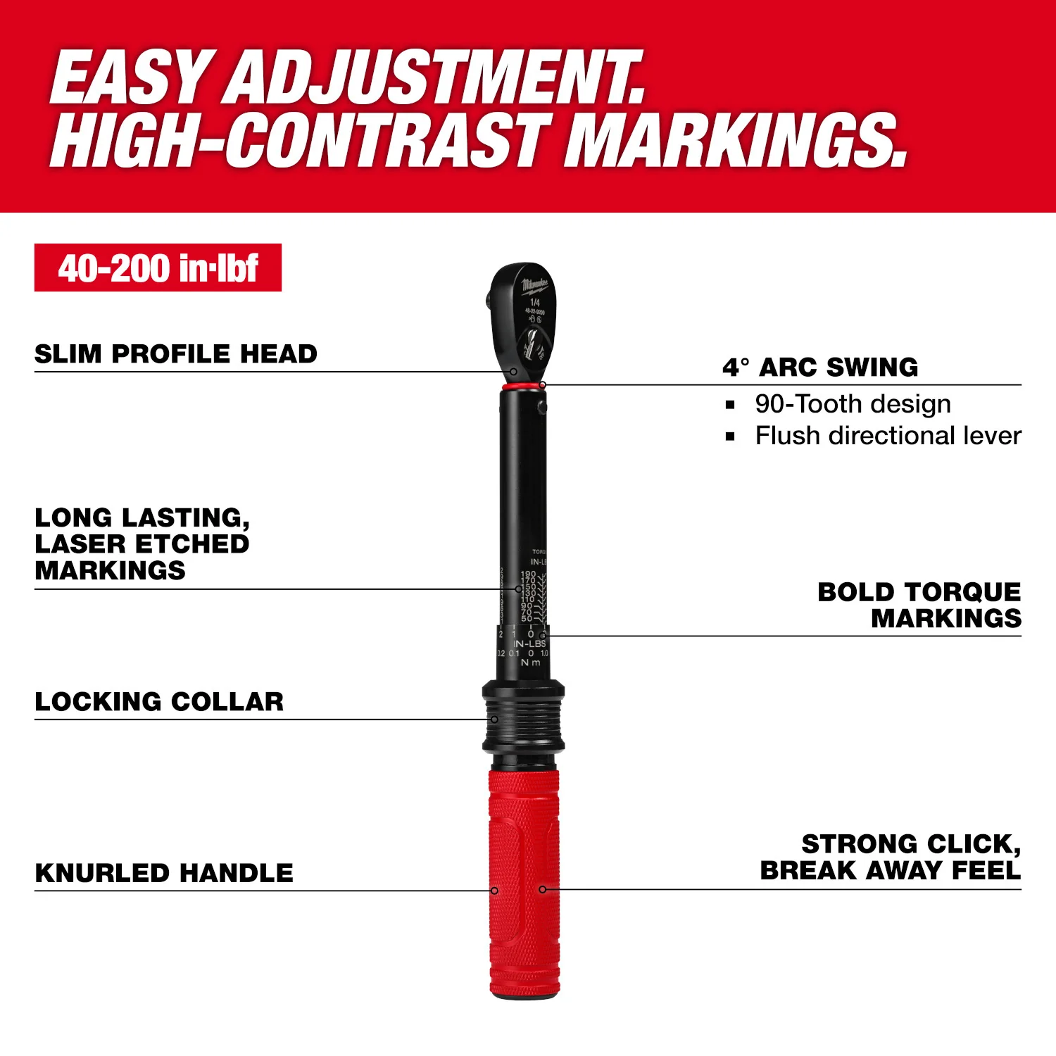 Milwaukee 48-22-9200 1/4-in. Drive Click Torque Wrench, 40-200 in·lb - Image 2