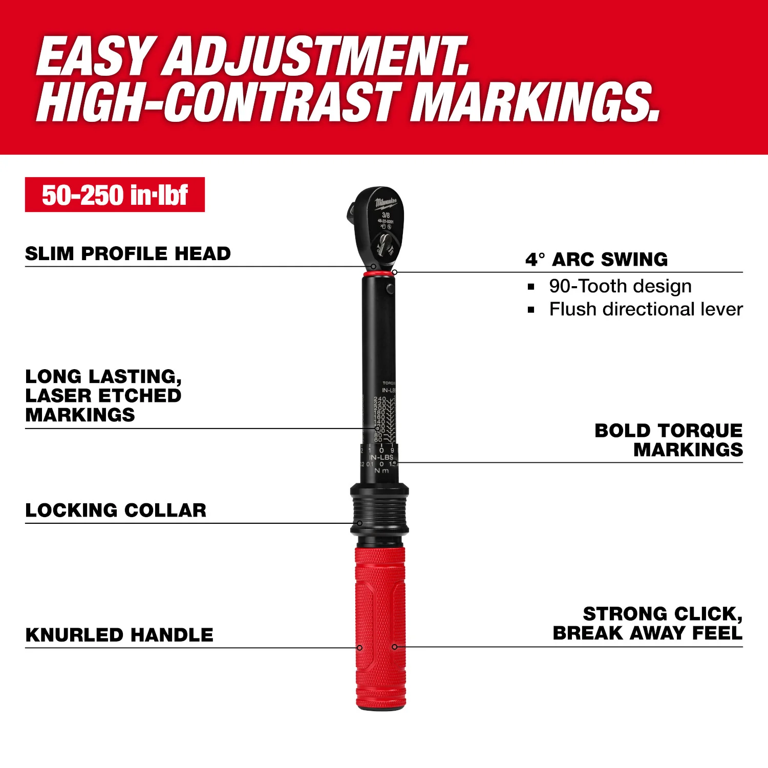 Milwaukee 48-22-9201 3/8-in. Drive Click Torque Wrench, 50-250 in·lb - Image 2