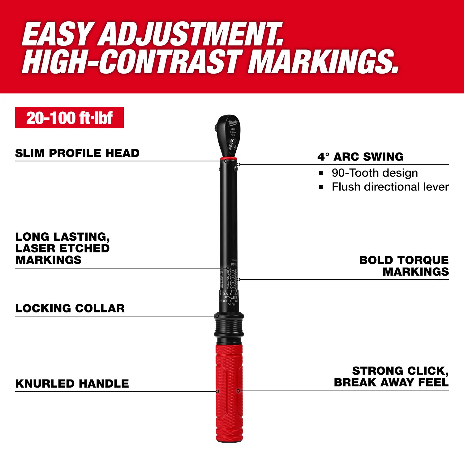 Milwaukee 48-22-9202 3/8-in. Drive Click Torque Wrench, 20-100 ft·lb - Image 2
