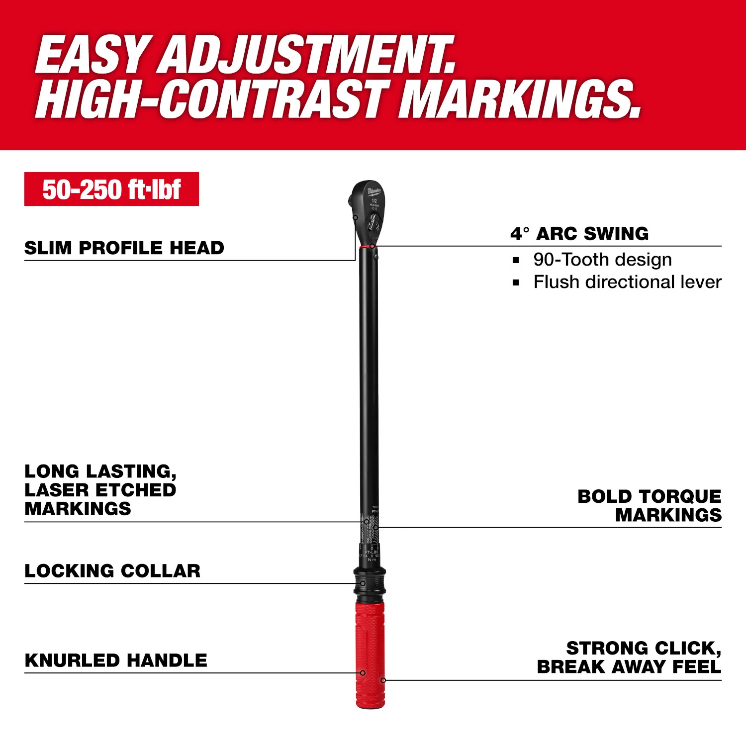 Milwaukee 48-22-9203 1/2-in. Drive Click Torque Wrench, 50-250 ft·lb - Image 2