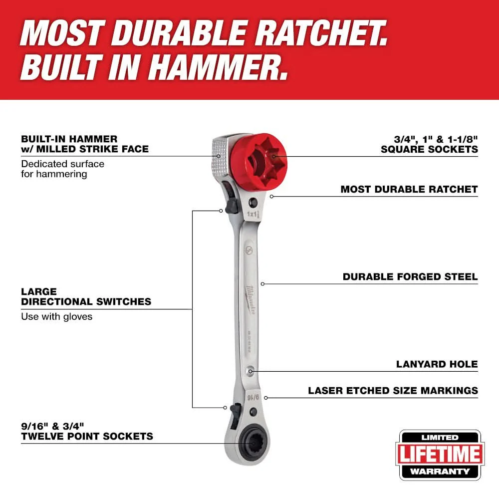 Milwaukee 48-22-9216M Lineman's 5-in-1 Racheting Wrench with Milled Face - Image 2