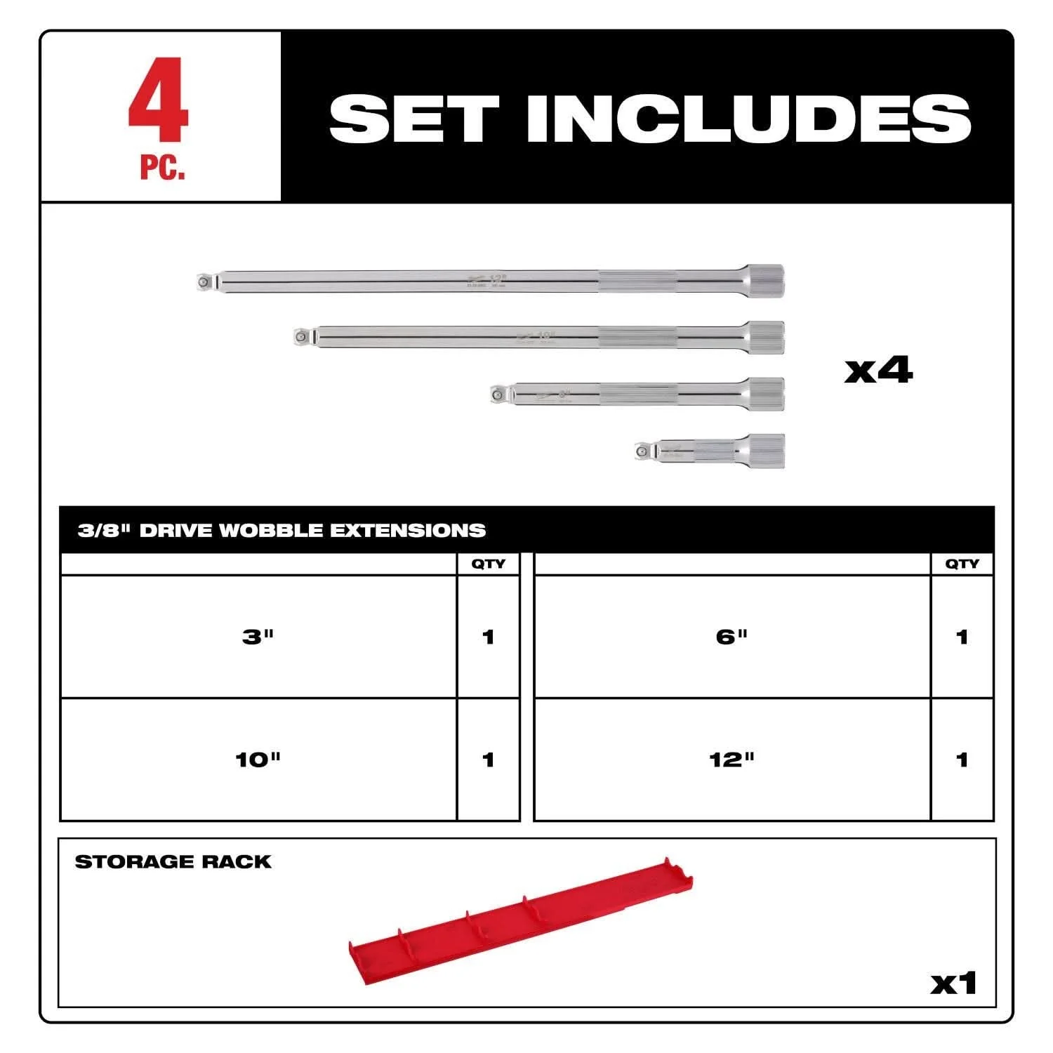 Milwaukee 48-22-9351 4pc 3/8" Drive Wobble Extension Set - Image 2