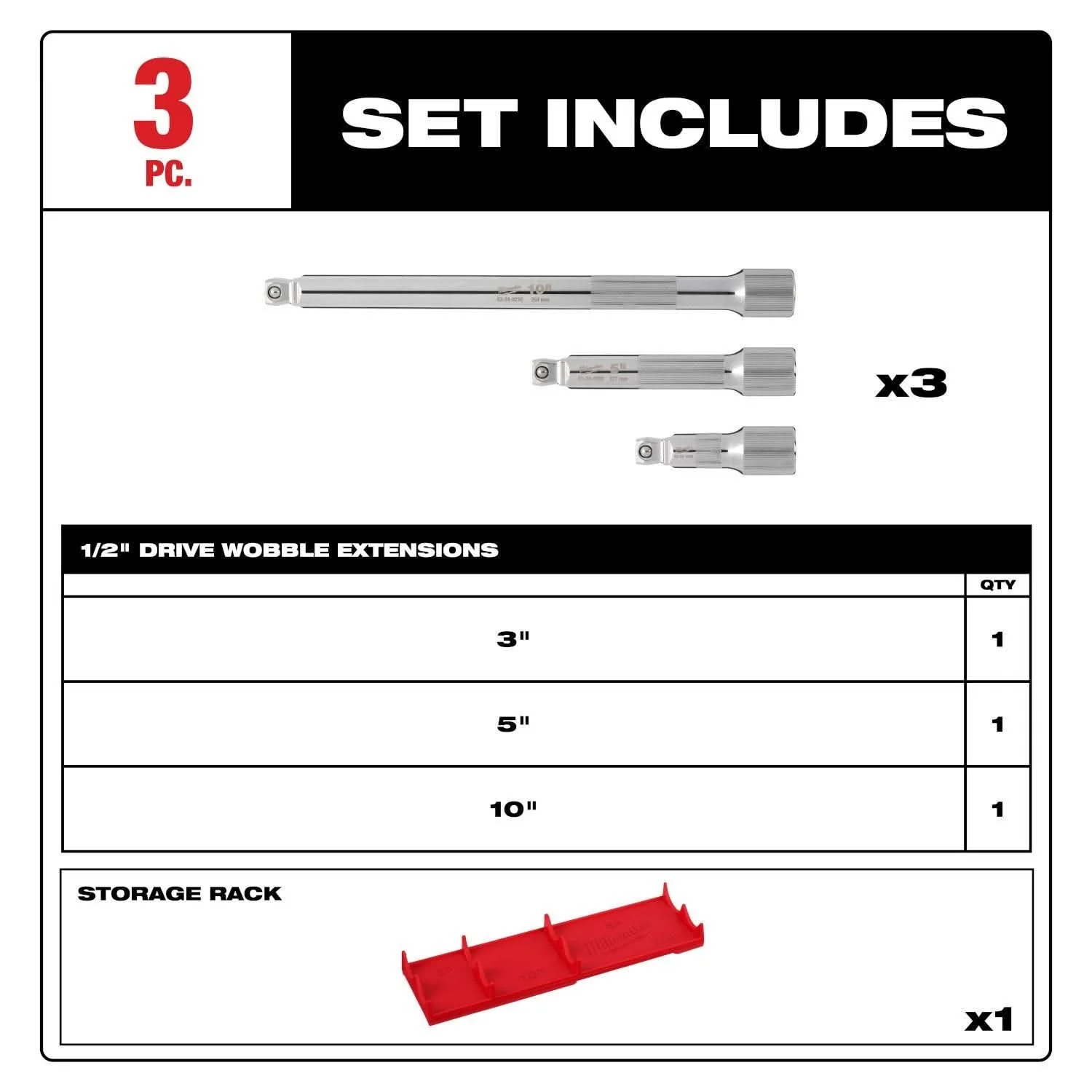 Milwaukee 48-22-9352 3pc 1/2" Drive Wobble Extension Set - Image 2