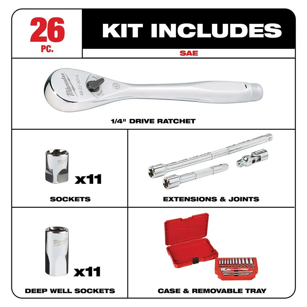 Milwaukee 48-22-9404 1/4" Drive 26-Piece SAE Ratchet & Socket Set - Image 2