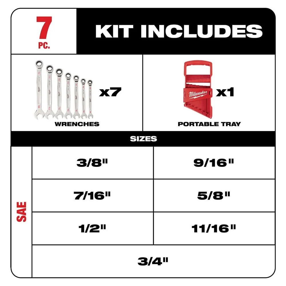 Milwaukee 48-22-9406 7-Piece Ratcheting Combination SAE Wrench Set - Image 2