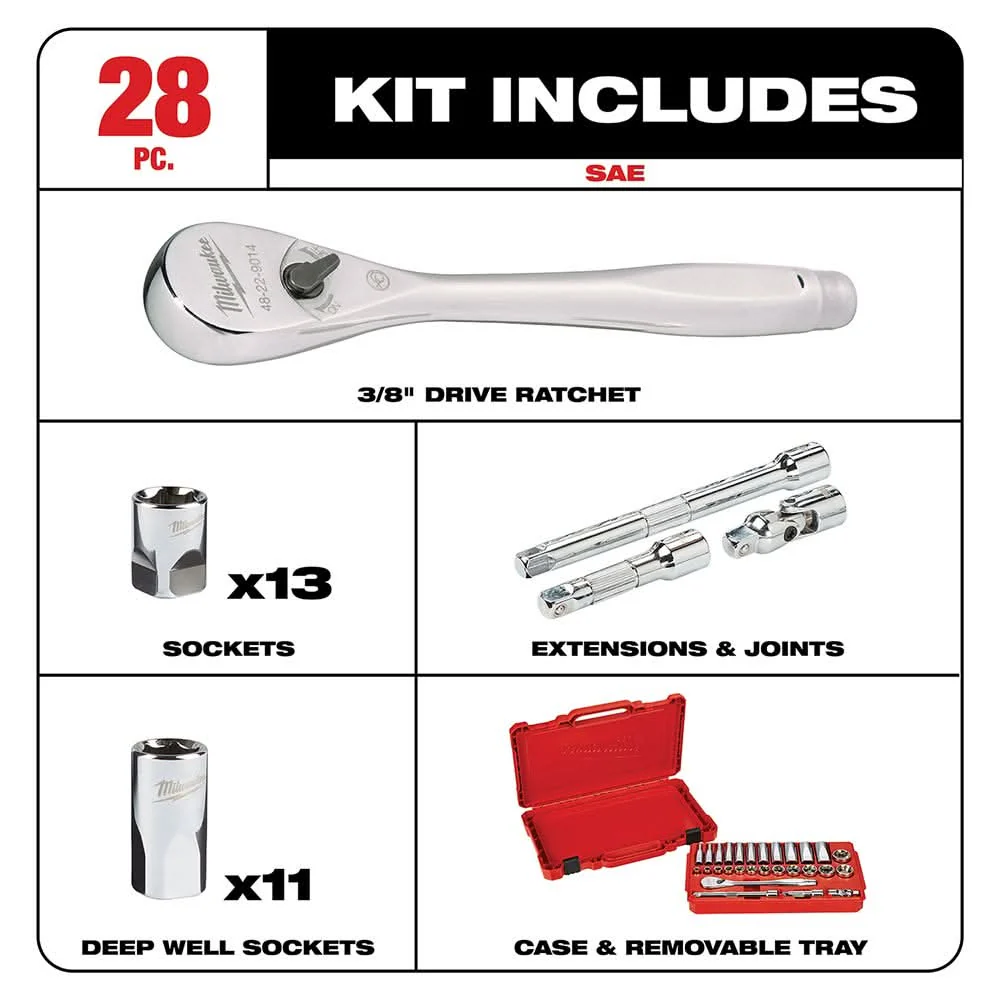 Milwaukee 48-22-9408 3/8" Drive 28-Piece SAE Ratchet & Socket Set - Image 2