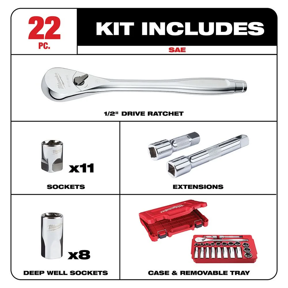 Milwaukee 48-22-9410 1/2" Drive 22-Piece SAE Ratchet & Socket Set - Image 2