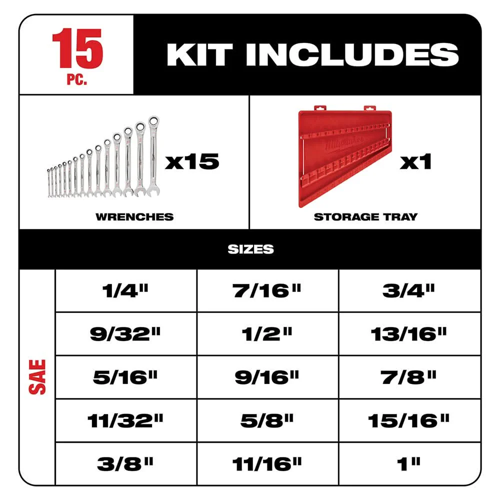 Milwaukee 48-22-9416 15-Piece Ratcheting Combination SAE Wrench Set - Image 2