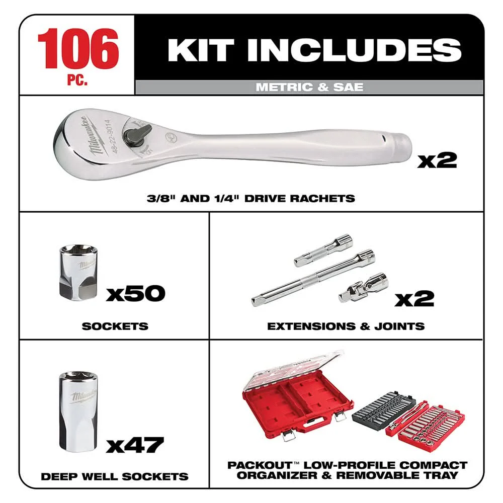 Milwaukee 48-22-9486 106-Piece 1/4" & 3/8" SAE/Metric Ratchet and Socket PACKOUT Set - Image 2