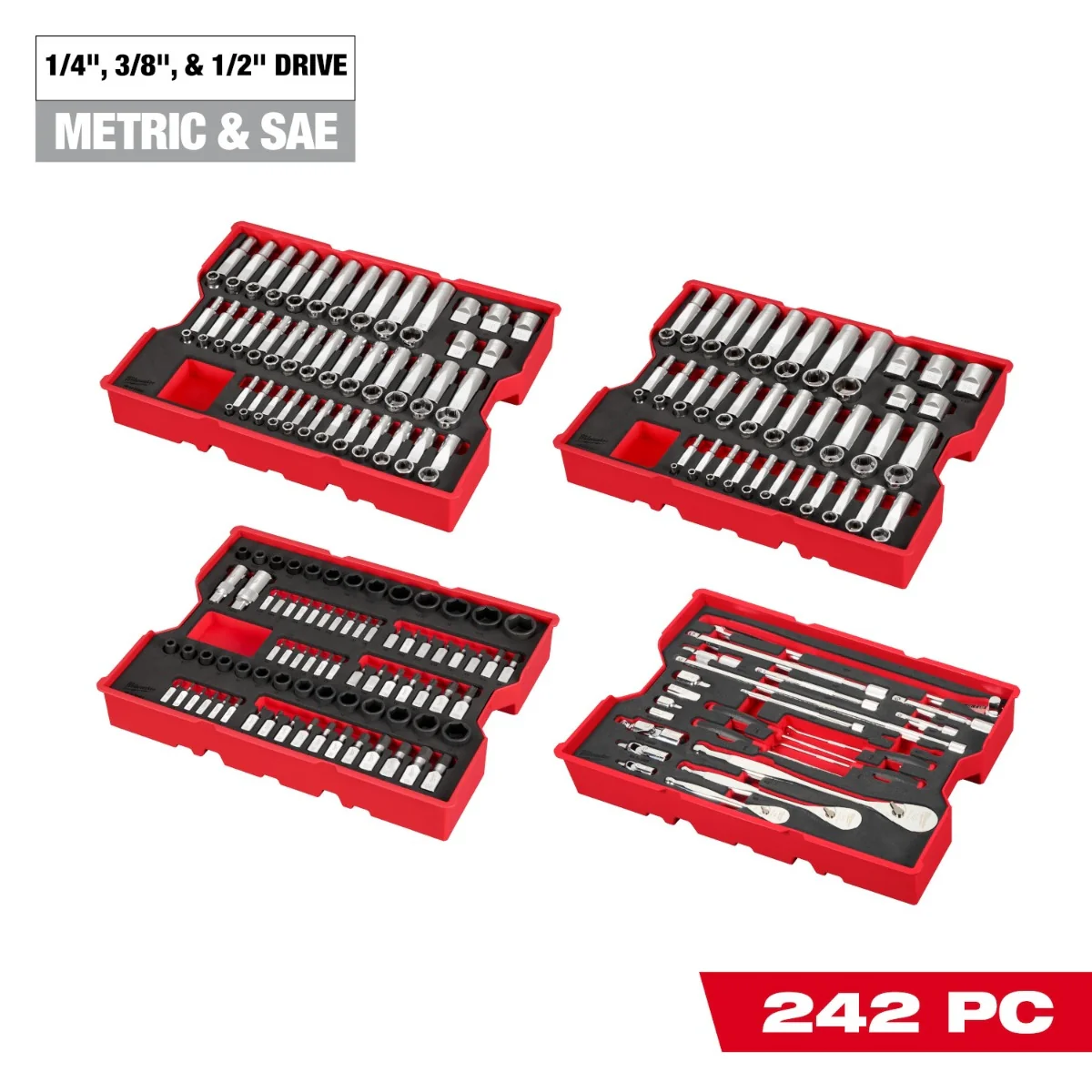Milwaukee 48-22-9490 242-Piece 1/4-in., 3/8-in., & 1/2-in. Drive Metric & SAE Ratchet & Socket Set with Trays for PACKOUT Drawers - Image 3