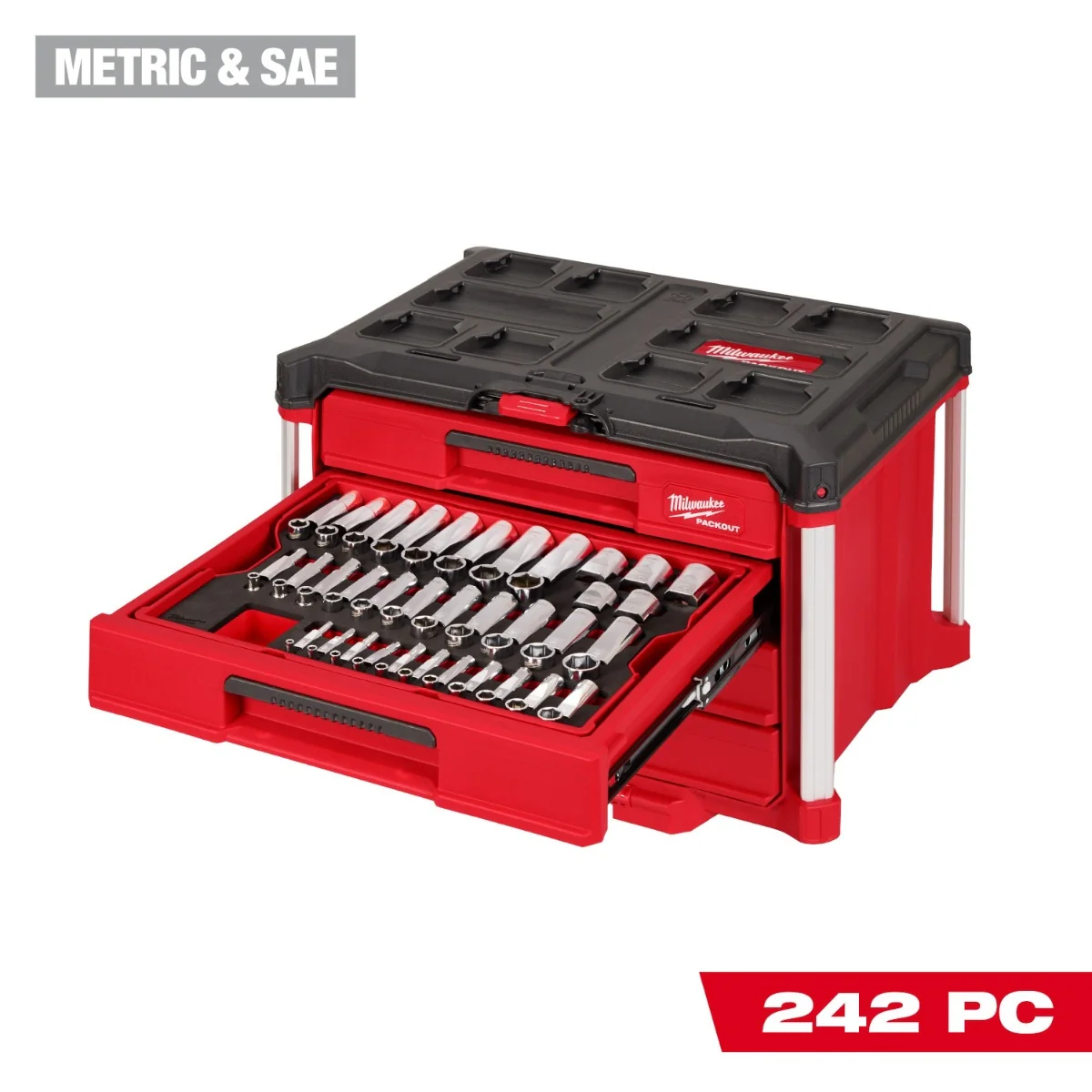 Milwaukee 48-22-9491 PACKOUT Ratchet & Socket Set 242-Piece Drive Metric & SAE with PACKOUT 4-Drawer Tool Box - Image 1