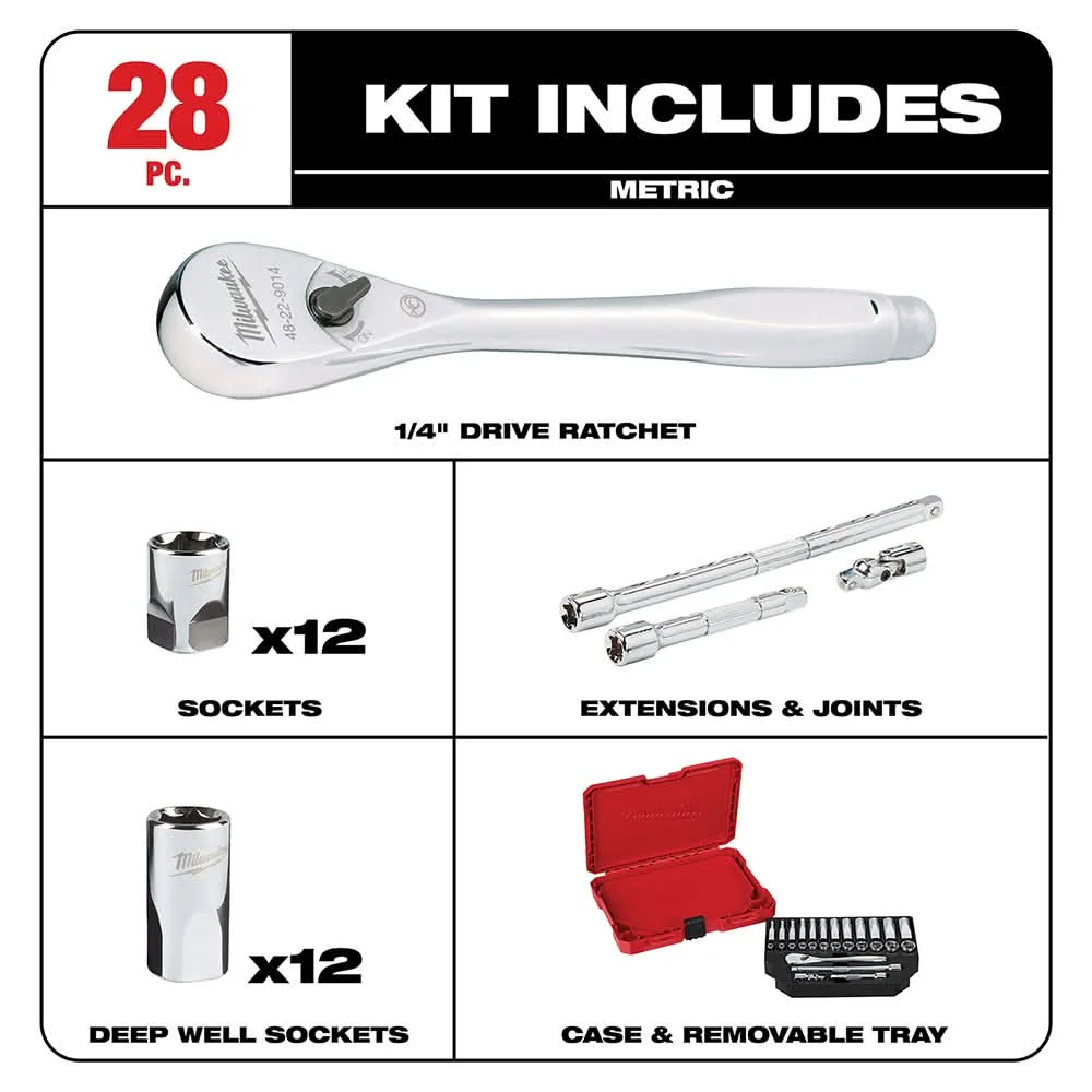 Milwaukee 48-22-9504 1/4" Drive 28-Piece Metric Ratchet & Socket Set - Image 2