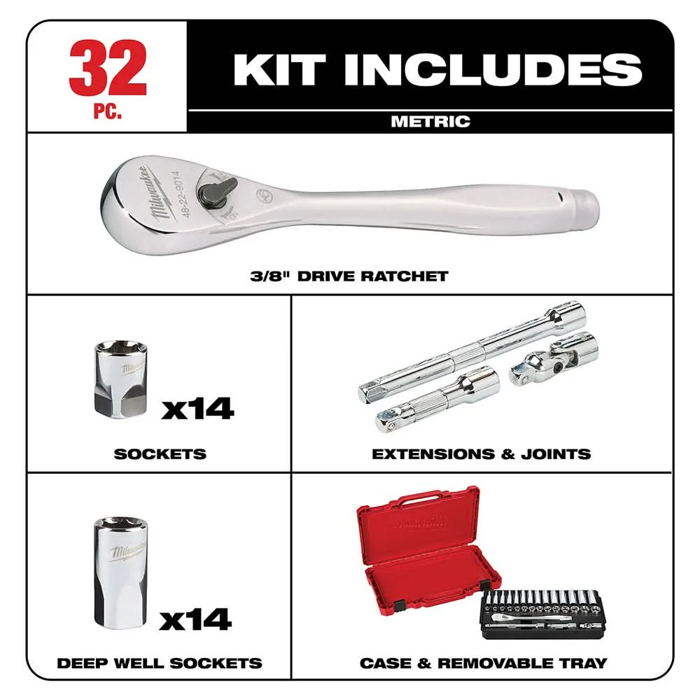 Milwaukee 48-22-9508 3/8" Drive 32-Piece Metric Ratchet & Socket Set - Image 2