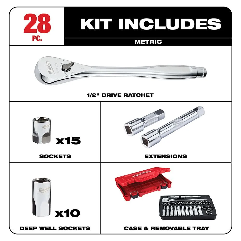 Milwaukee 48-22-9510 1/2" Drive 28-Piece Metric Ratchet & Socket Set - Image 2