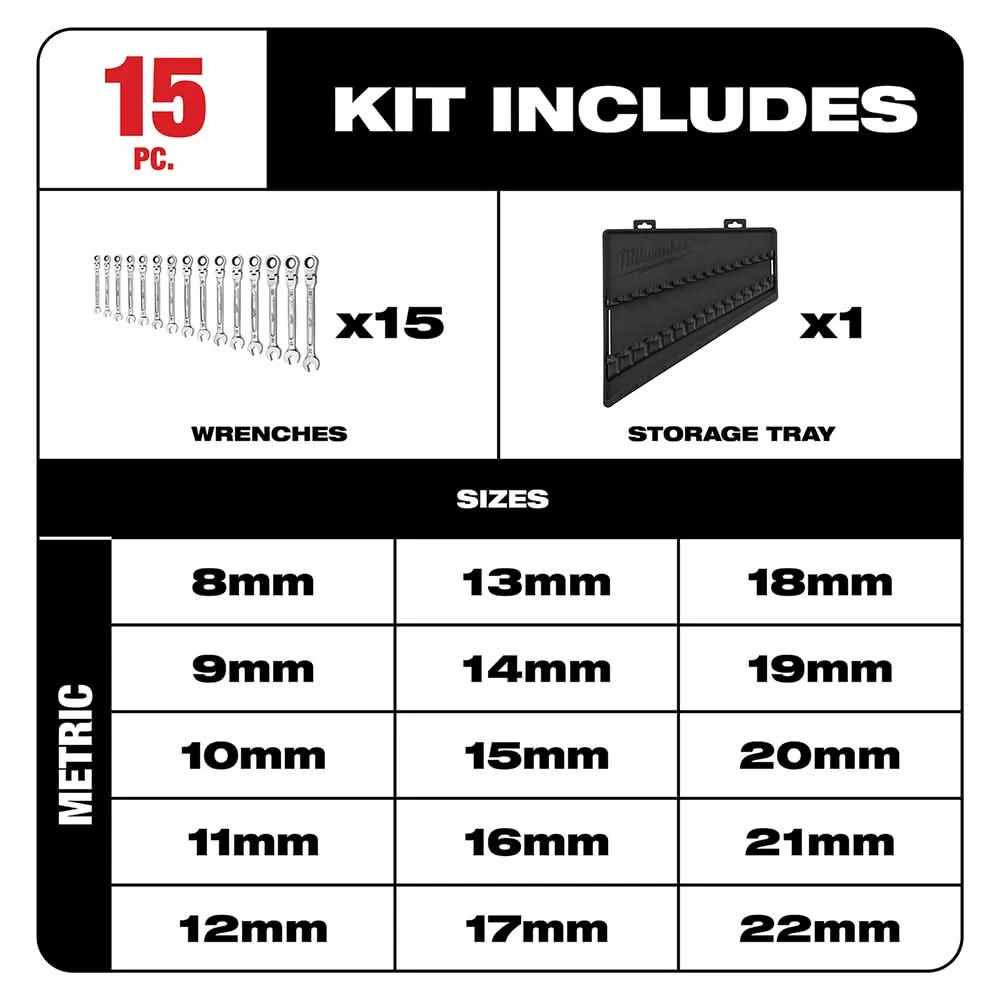 Milwaukee 48-22-9513 Metric Flex Head Ratcheting Combination Wrench, 15-Pieces - Image 2