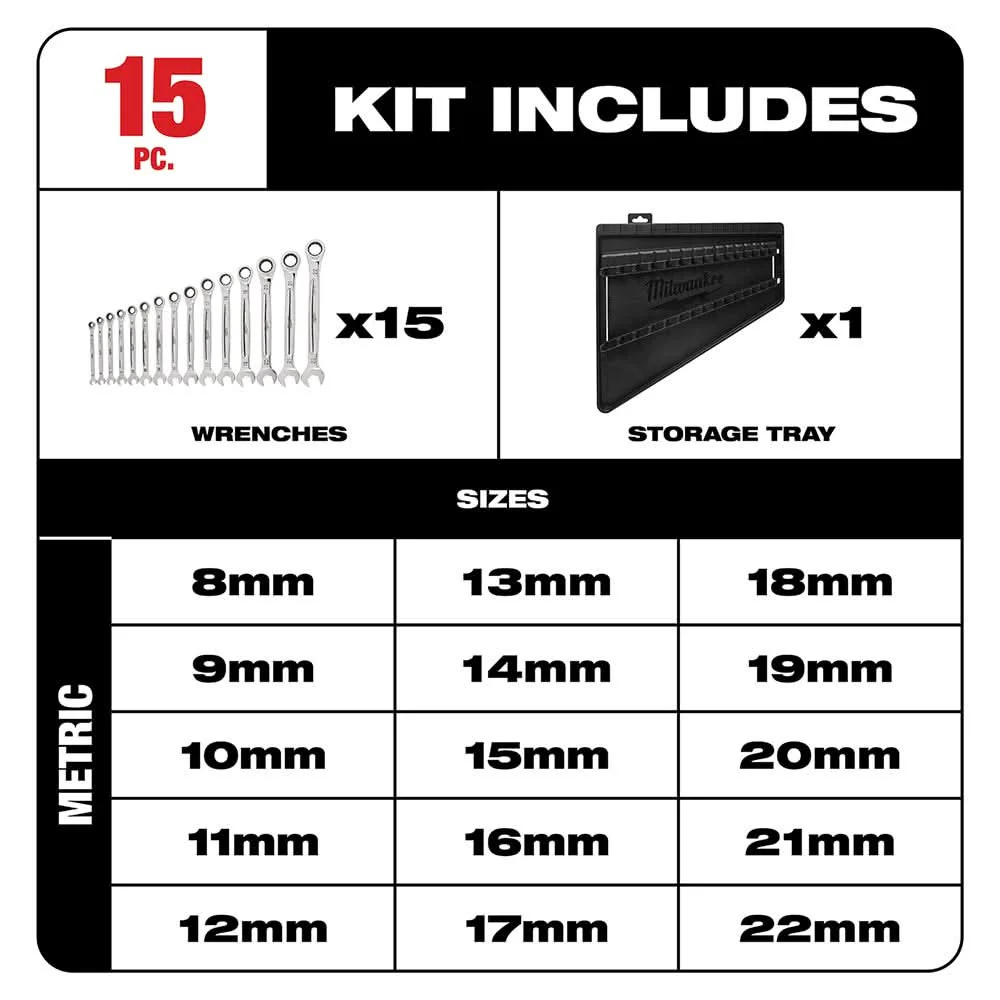 Milwaukee 48-22-9516 15-Piece Ratcheting Combination Metric Wrench Set - Image 2